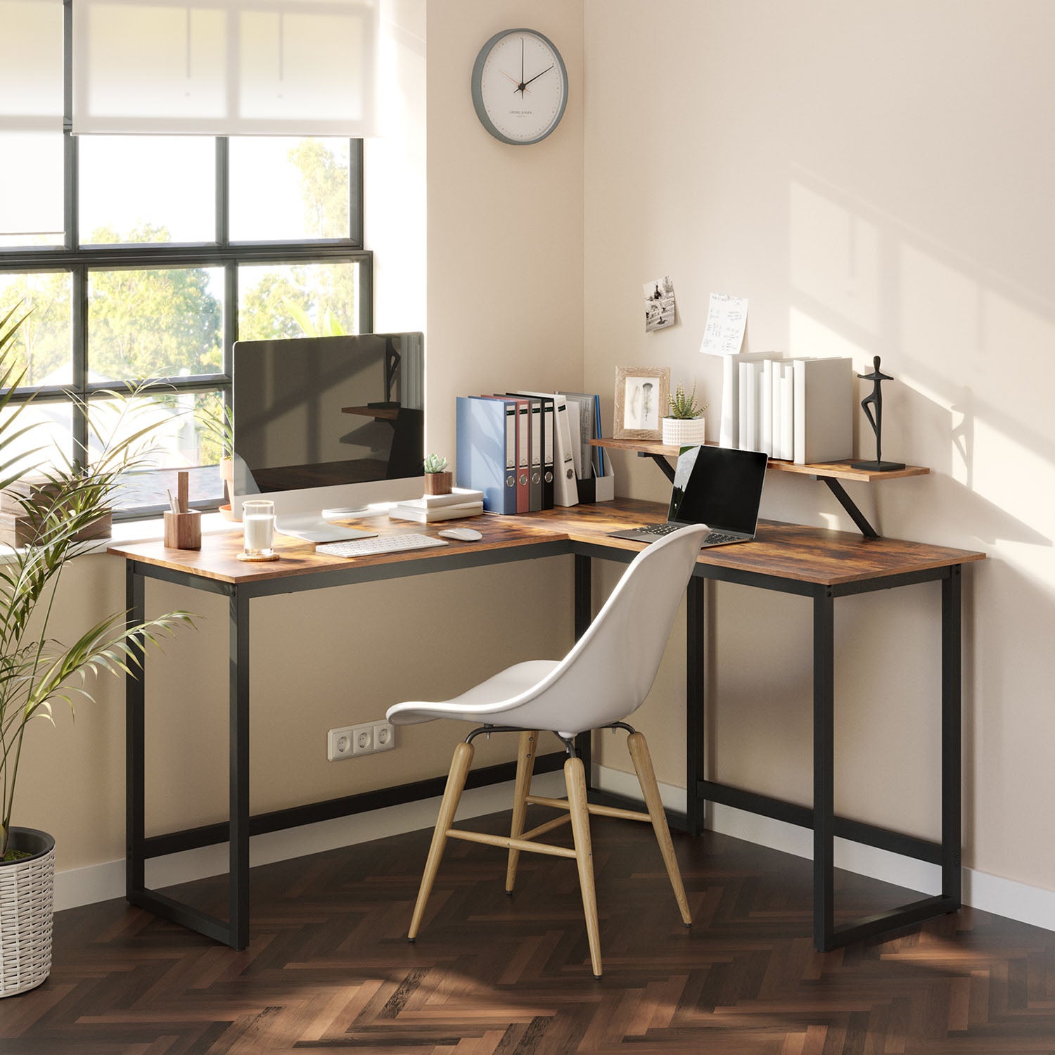 Hoekbureau – L-vormig met monitorbeugel – Vintage bruin, zwart
