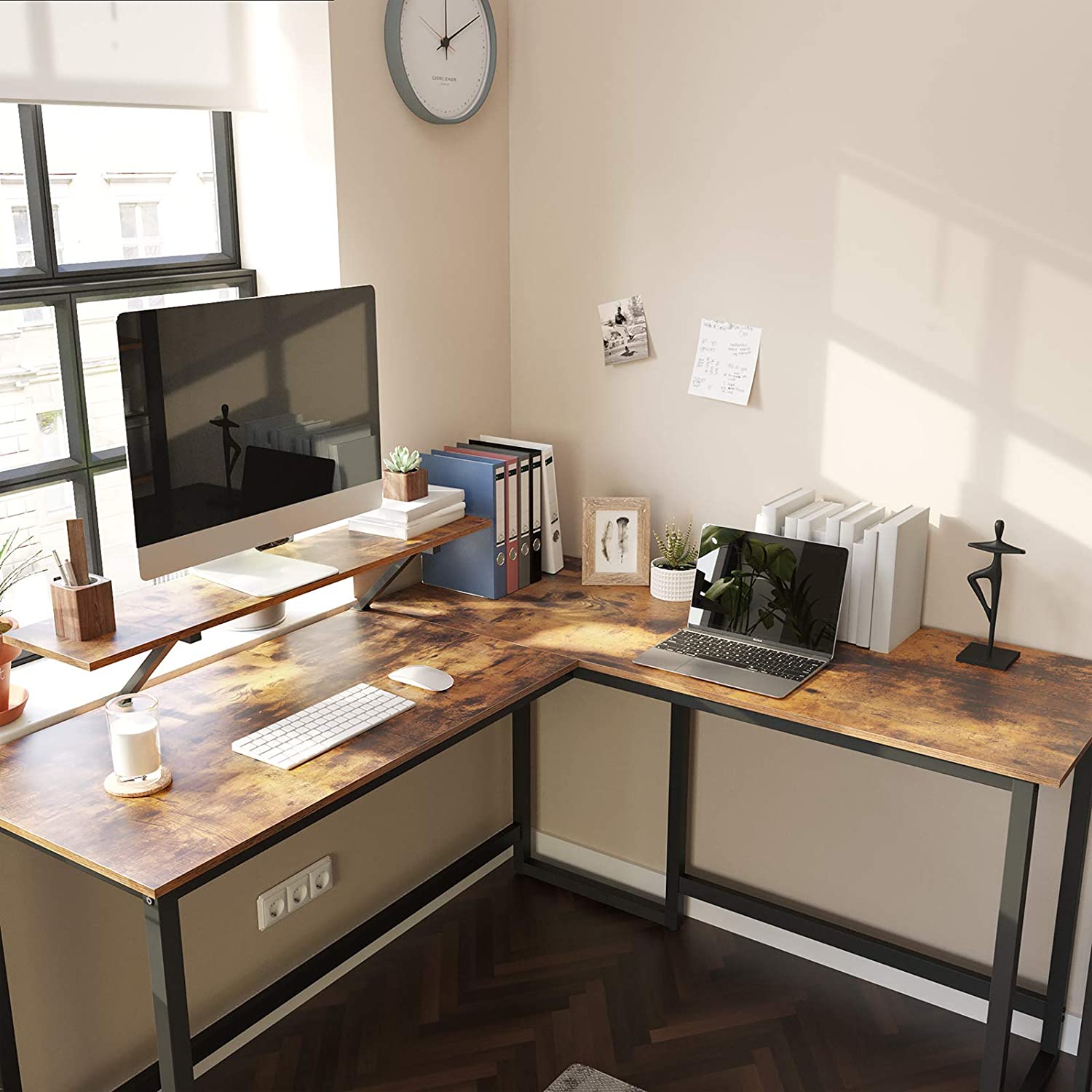 Hoekbureau – L-vormig met monitorbeugel – Vintage bruin, zwart