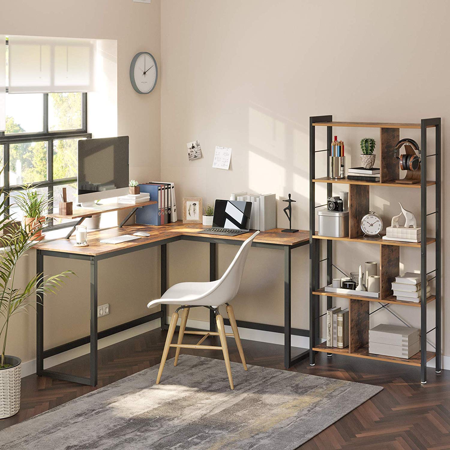 Hoekbureau – L-vormig met monitorbeugel – Vintage bruin, zwart