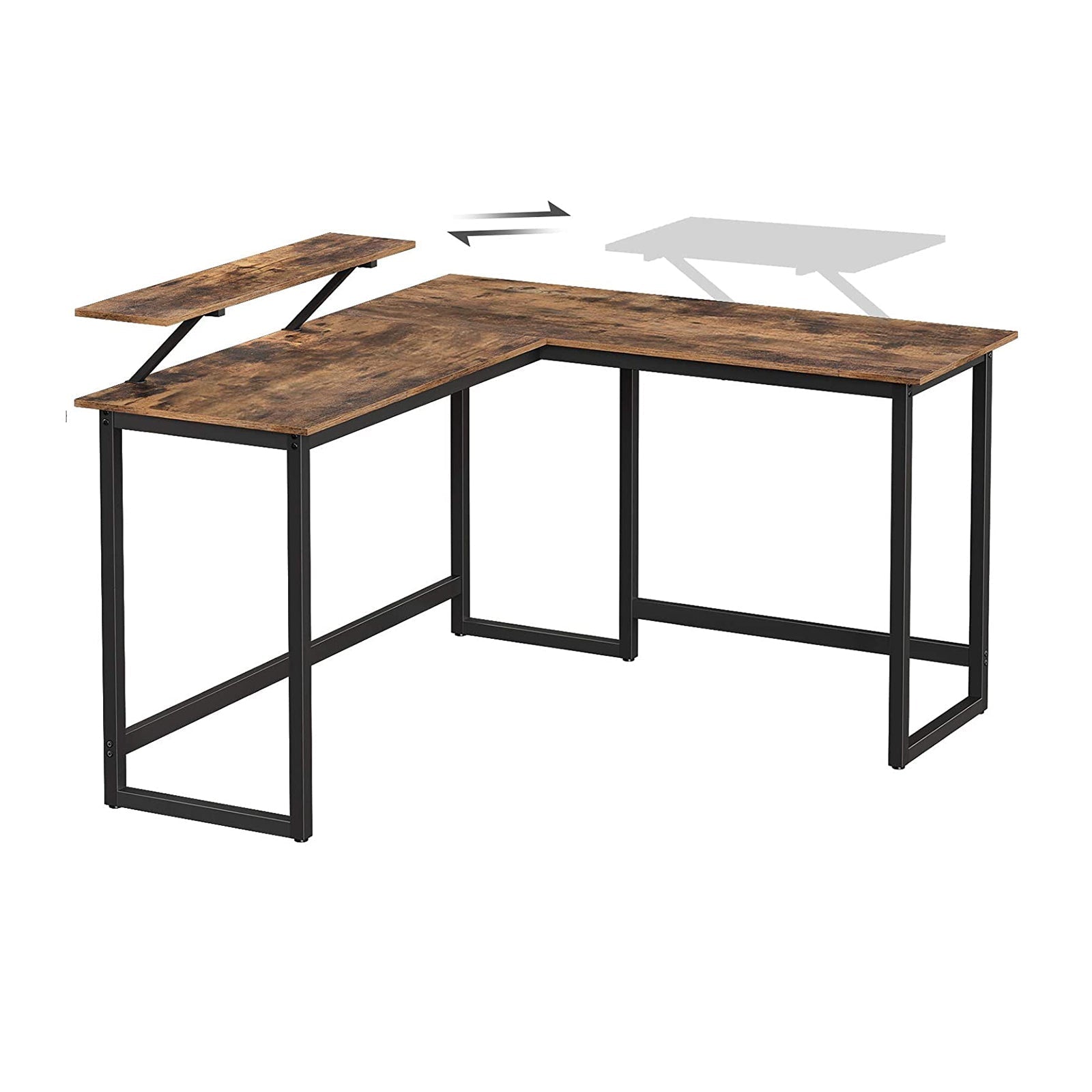 Hoekbureau – L-vormig met monitorbeugel – Vintage bruin, zwart