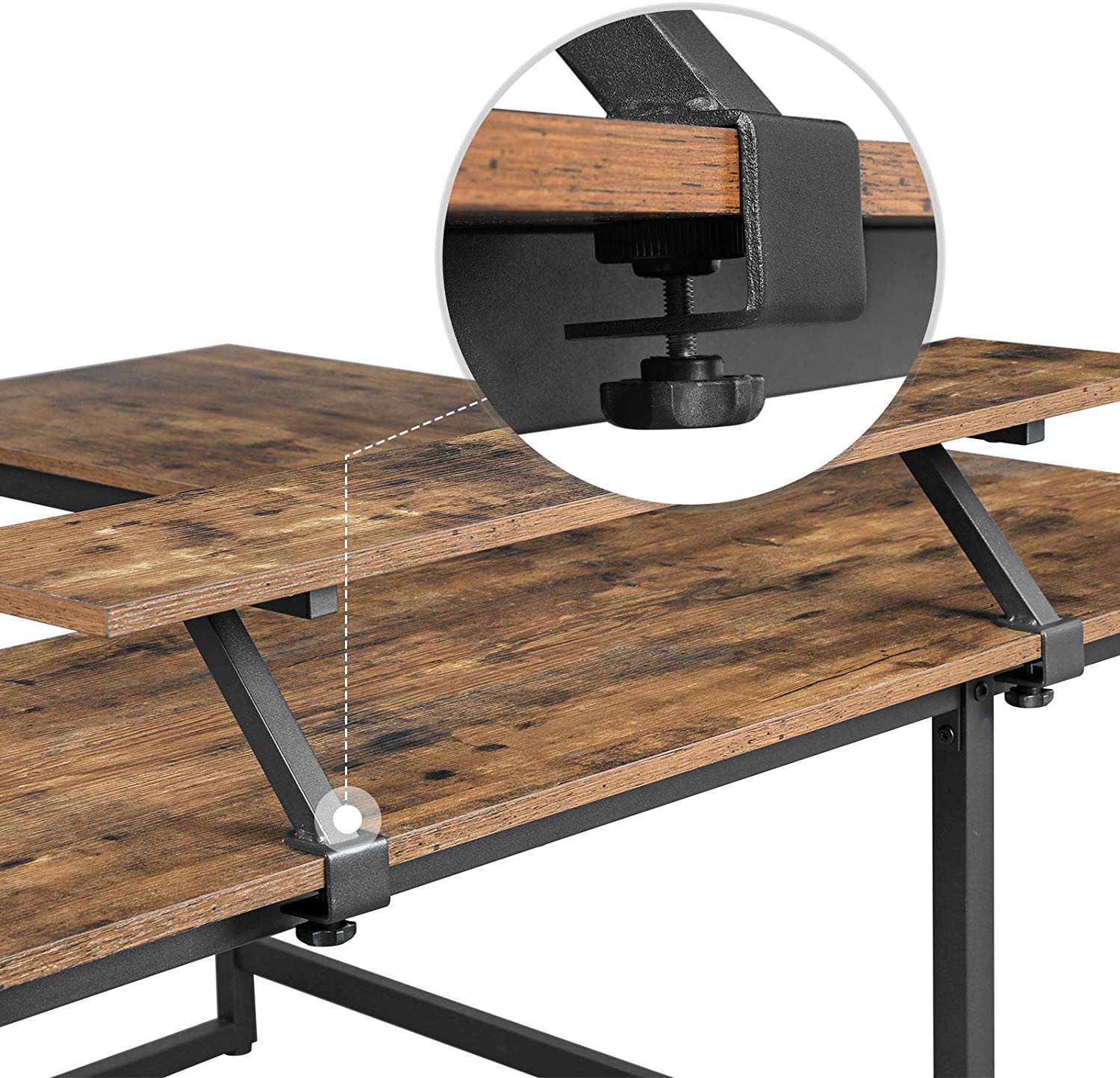 Hoekbureau – L-vormig met monitorbeugel – Vintage bruin, zwart