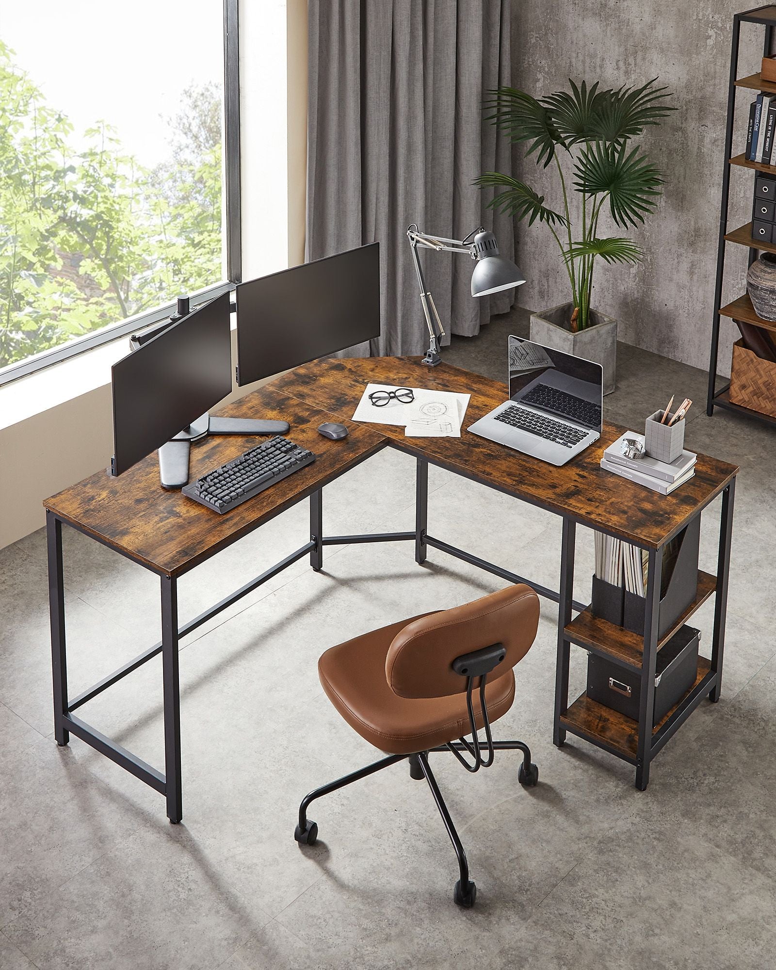 Hoekbureau - Computertafel in L-vorm - Industrieel ontwerp - Vintage bruin/zwart