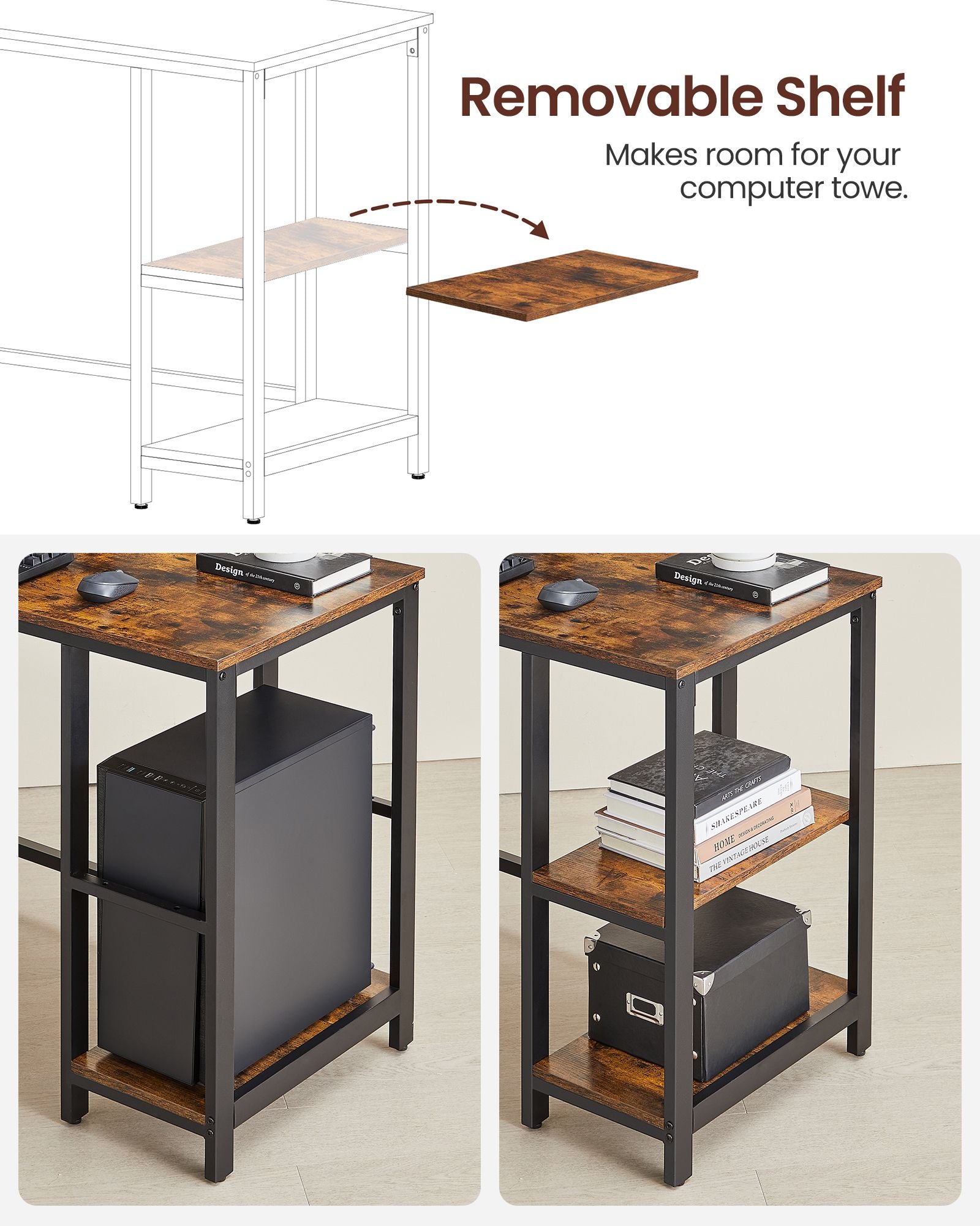 Hoekbureau - Computertafel in L-vorm - Industrieel ontwerp - Vintage bruin/zwart