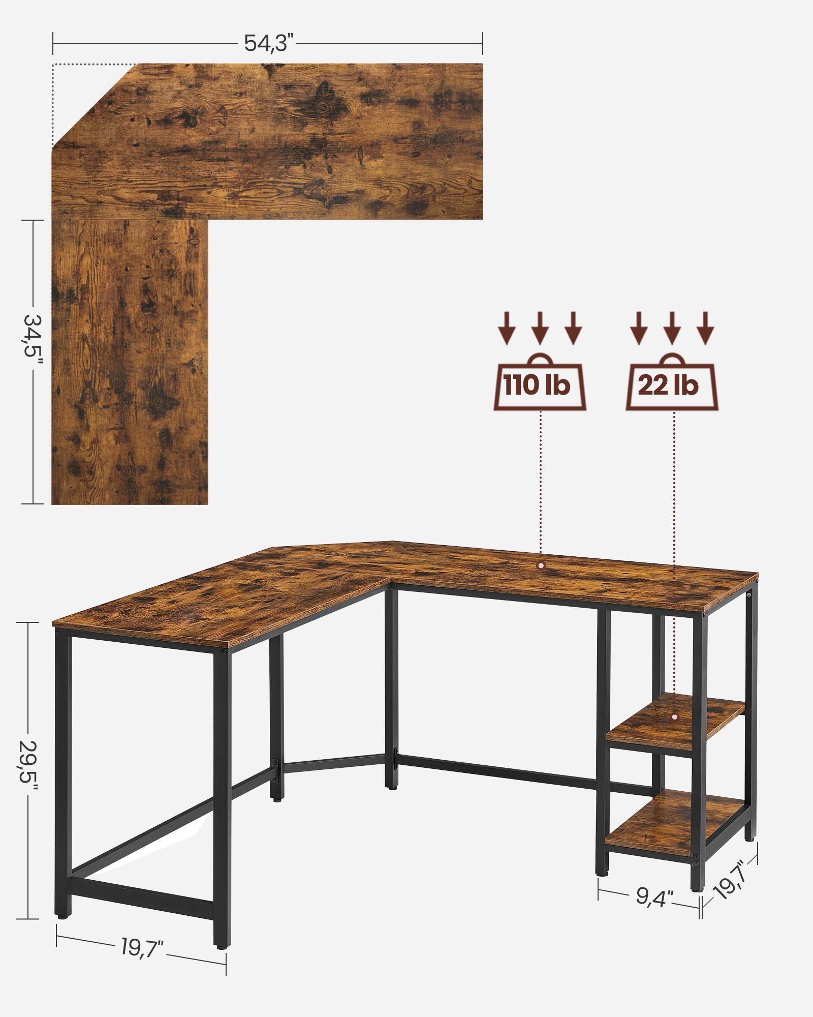 Hoekbureau - Computertafel in L-vorm - Industrieel ontwerp - Vintage bruin/zwart