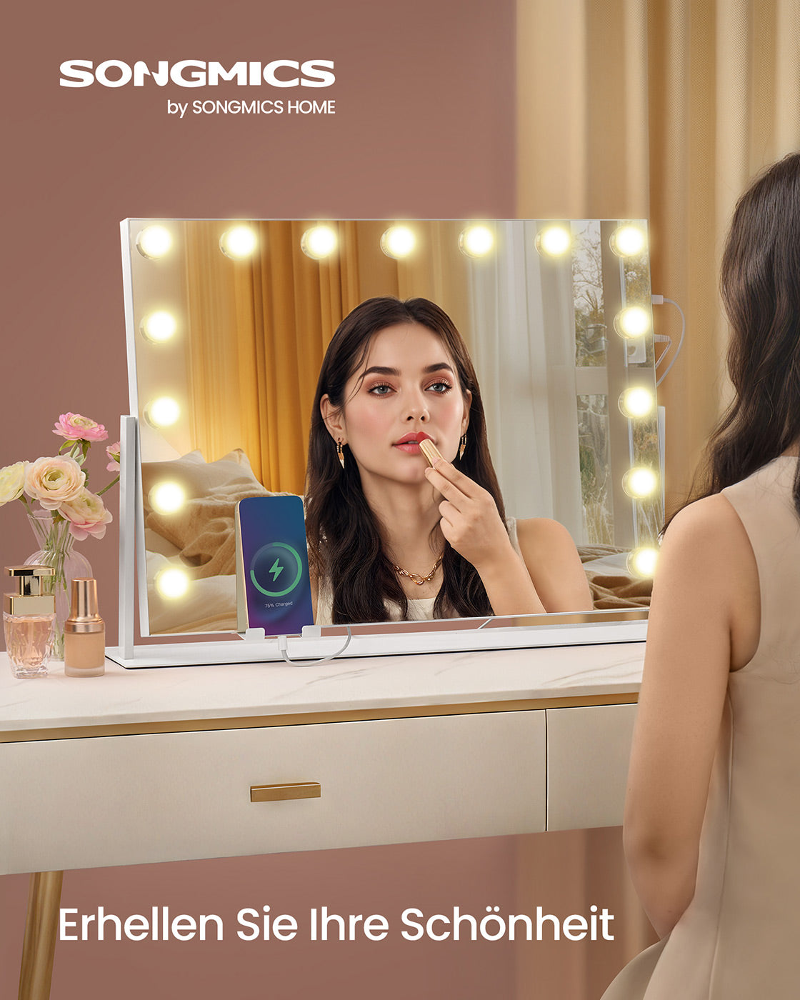 Kaptafel – Make-up Tafel  – Matwit – 5 Dimbare LED-lampen – Met spiegel – USB-aansluiting