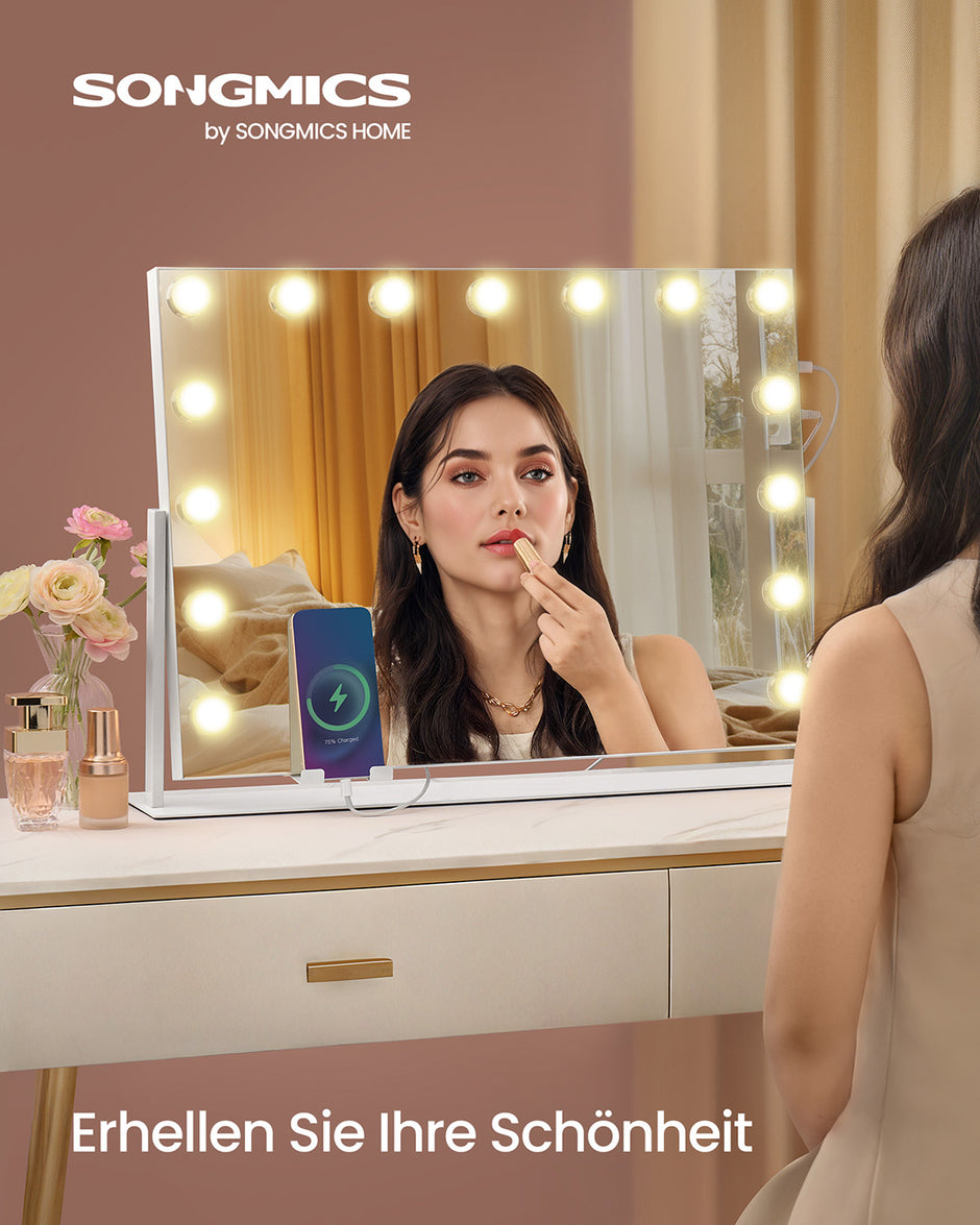 Kaptafel – Make-up Tafel  – Matwit – 5 Dimbare LED-lampen – Met spiegel – USB-aansluiting