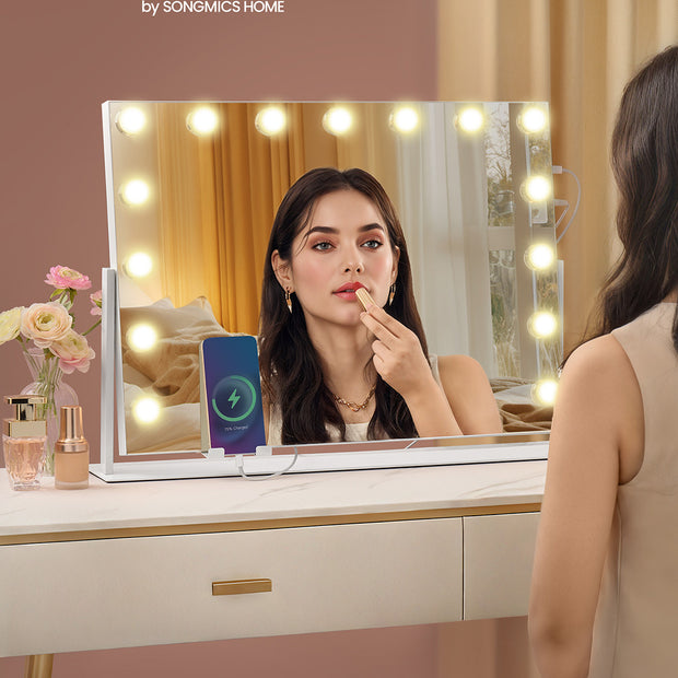 Kaptafel – Make-up Tafel  – Matwit – 5 Dimbare LED-lampen – Met spiegel – USB-aansluiting