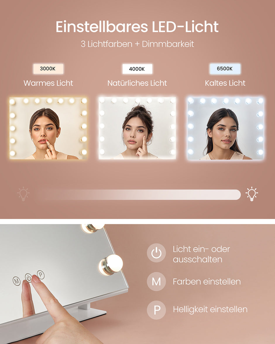 Kaptafel – Make-up Tafel  – Matwit – 5 Dimbare LED-lampen – Met spiegel – USB-aansluiting