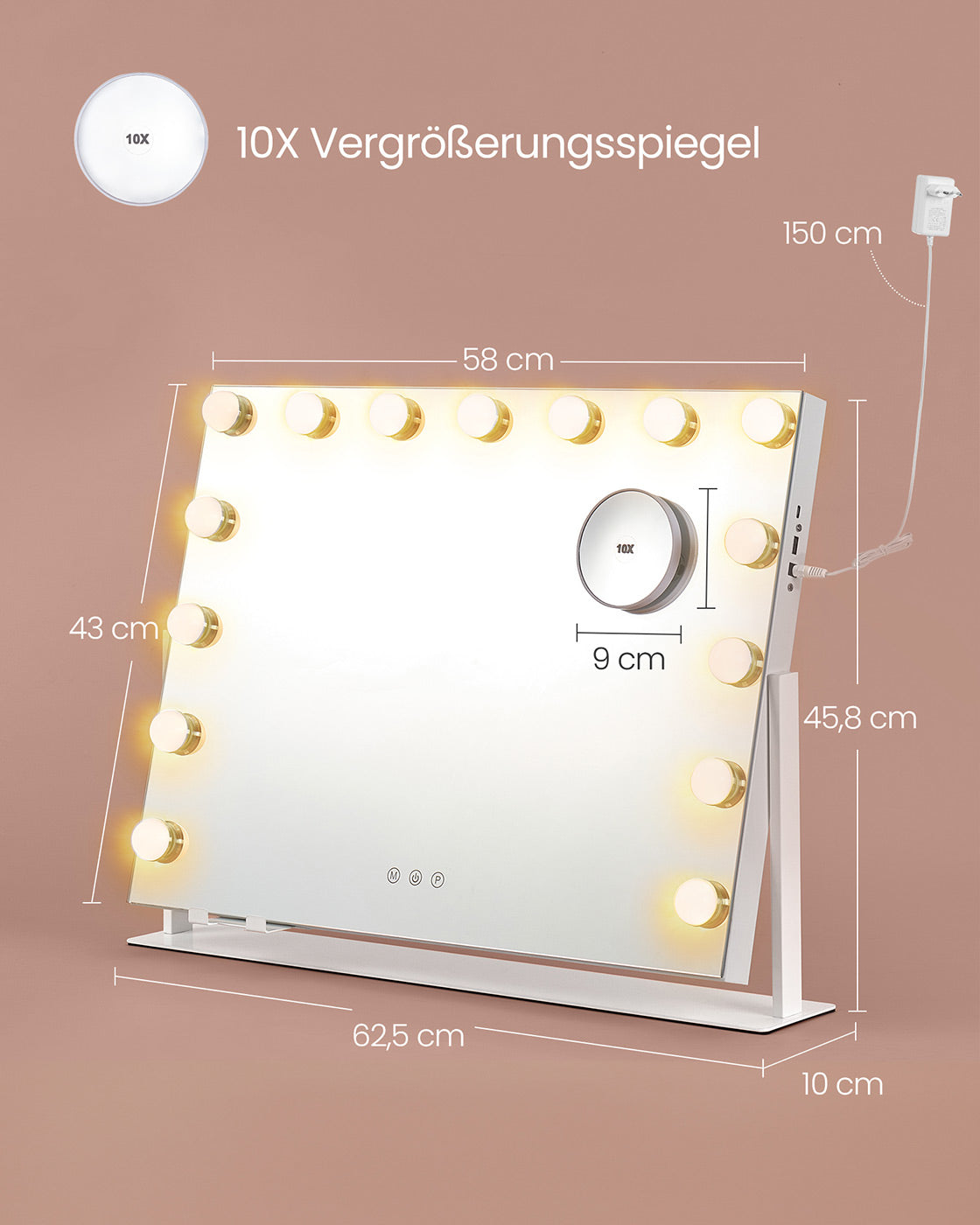 Make-upspiegel – Met Verlichting – Oplaadpoorten – Matwit