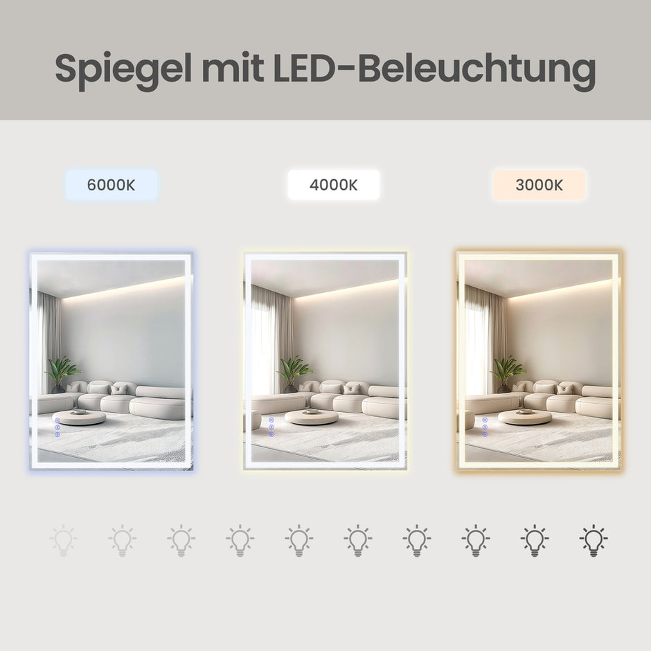 Badkamerspiegel - 70,7 x 50,7 cm - Wandspiegel met verlichting - Dimbaar - Wit - 3,8 kg
