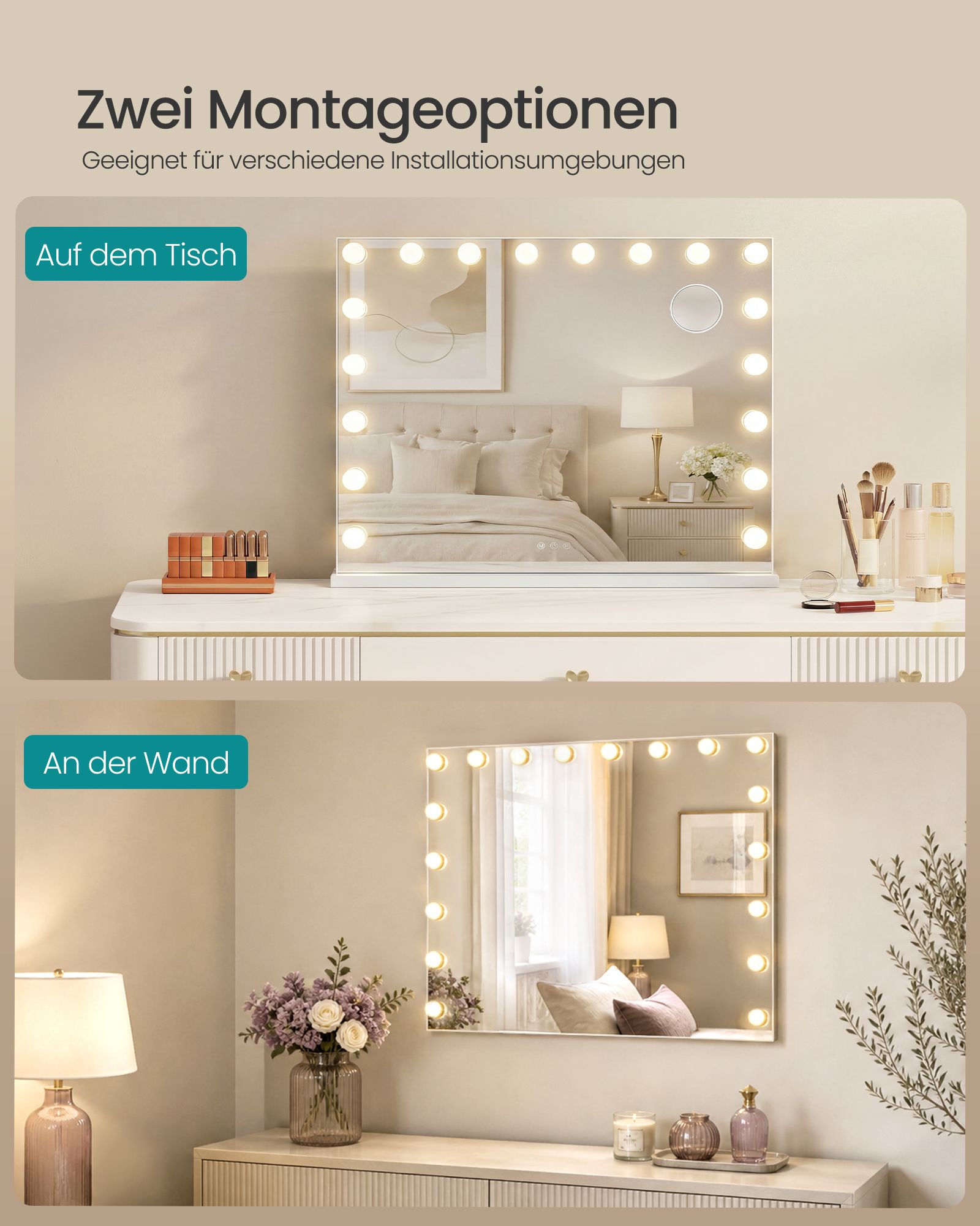 Make-upspiegel - Hollywood met Dimbare LED's - 10x Vergroting - Matwit - 62 x 80 x 5,7 cm