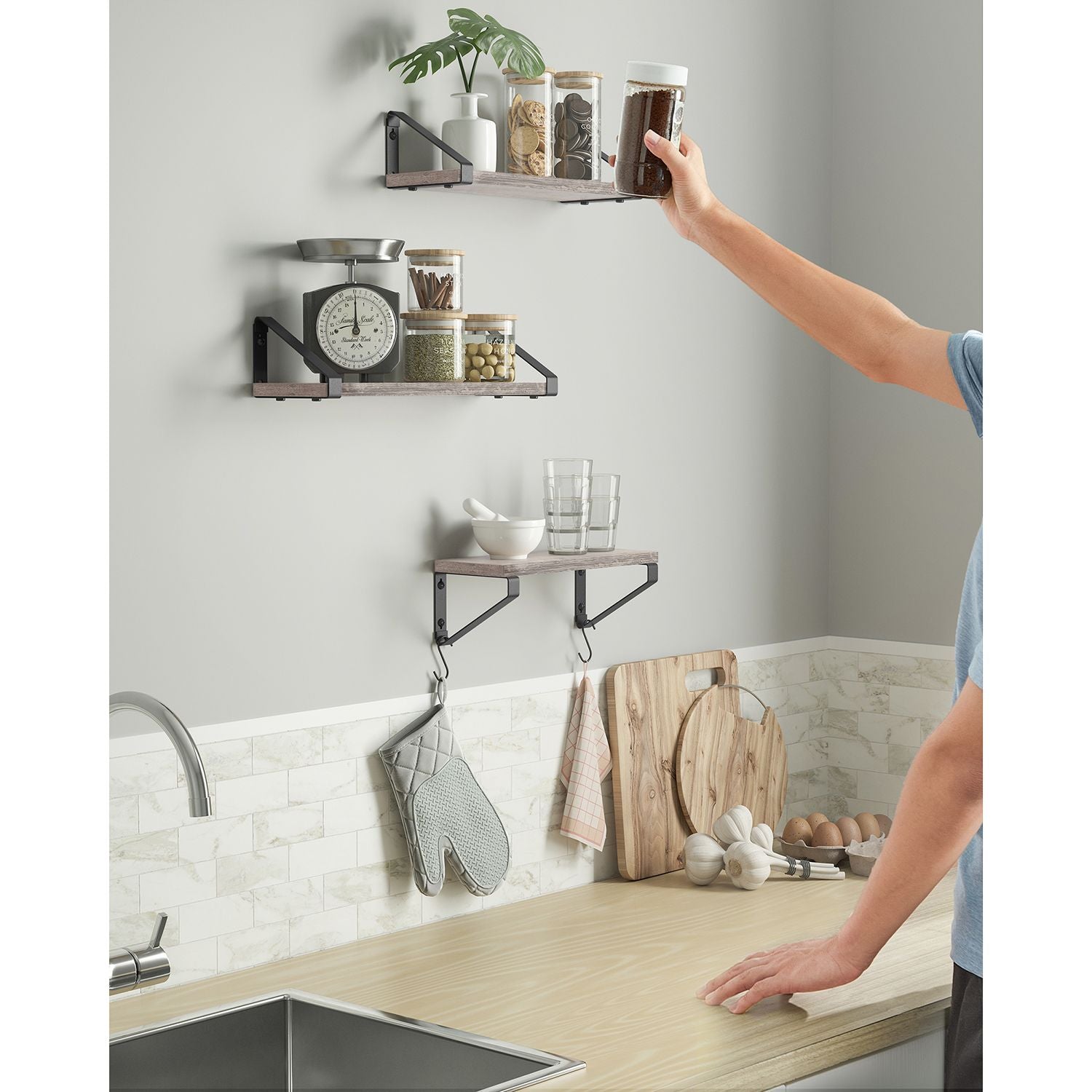 Wandplank Set van 3 – Zwevende planken – Grijs / Zwart