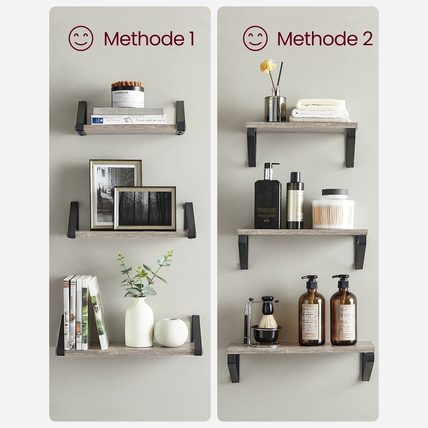 Wandplank Set van 3 – Zwevende planken – Grijs / Zwart