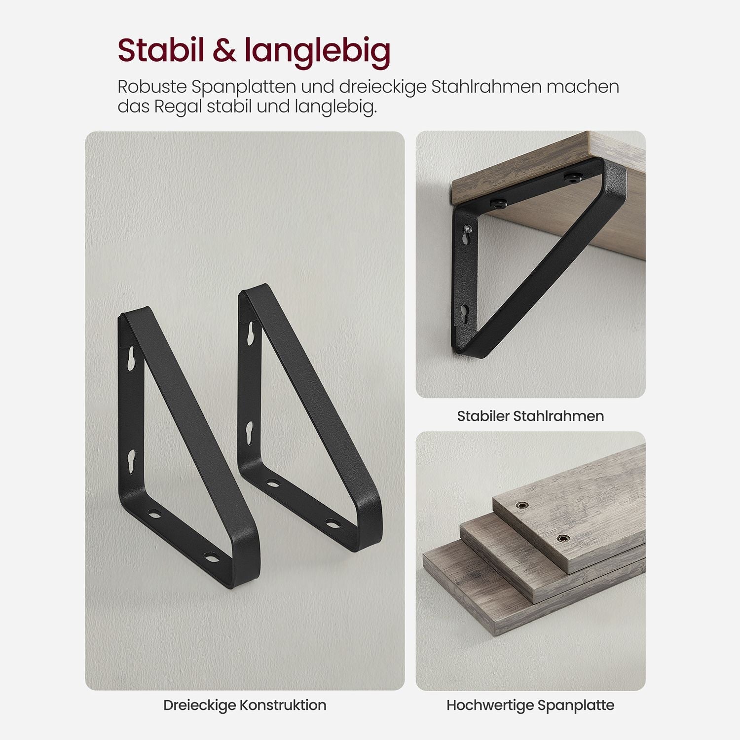 Wandplank Set van 3 – Zwevende planken – Grijs / Zwart