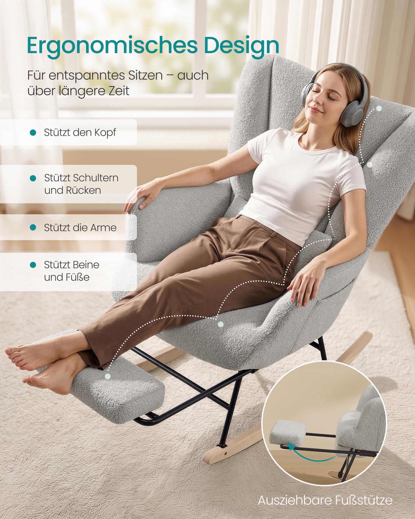 Schommelstoel - Met Uitschuifbare Voetensteun - Fleece - Houten Poten - Duifgrijs