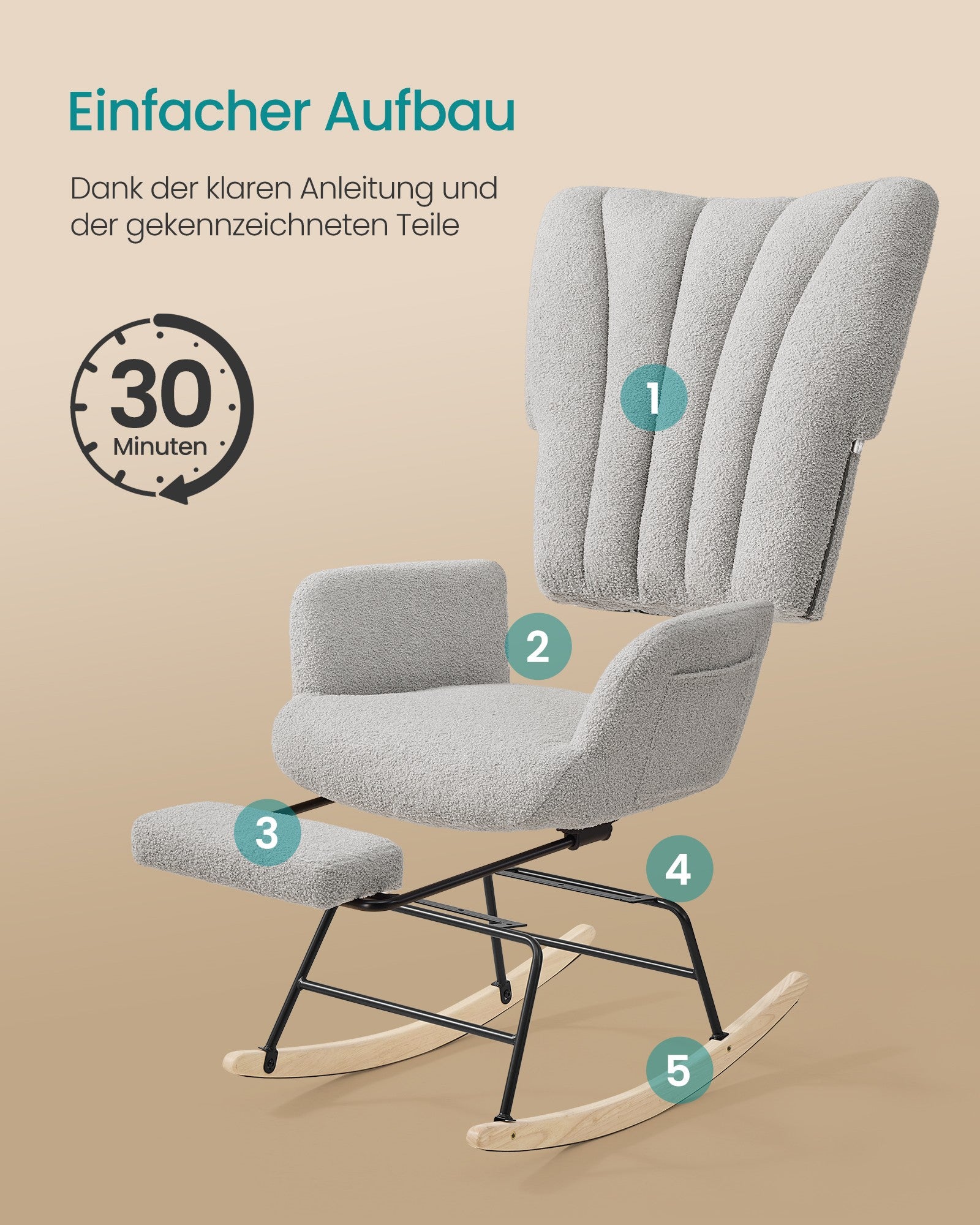 Schommelstoel - Met Uitschuifbare Voetensteun - Fleece - Houten Poten - Duifgrijs