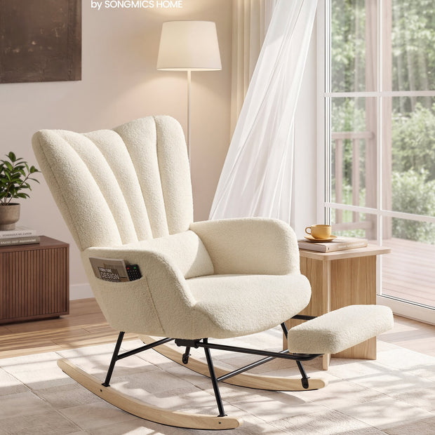 Schommelstoel - Met Uitschuifbare Voetensteun - Fleece - Houten Poten - Crèmewit