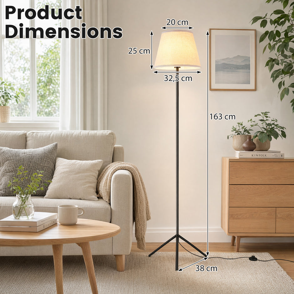 Modern – golvlampa med tygskärm, E27‑lampfot, trefotsmetallram och fotbrytare