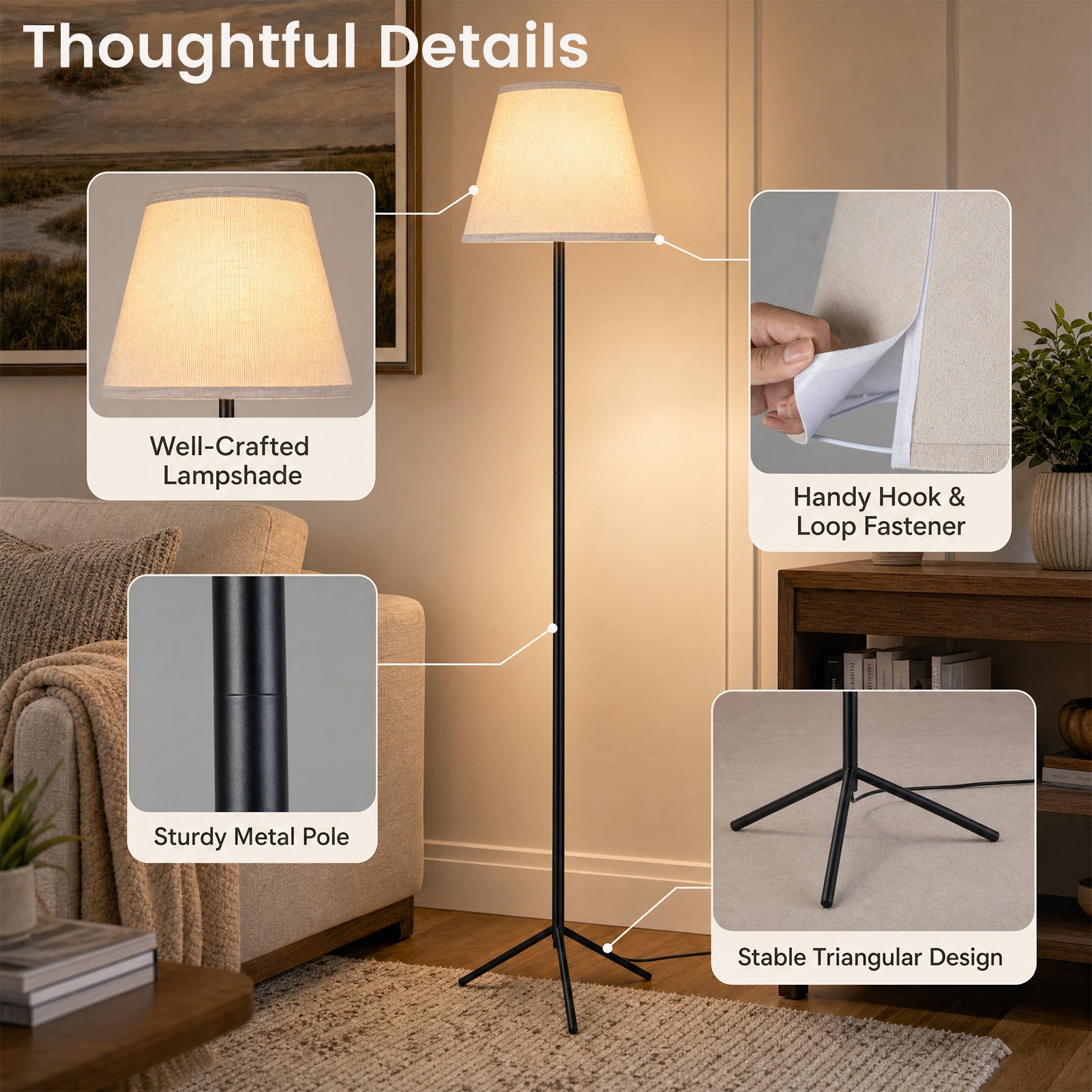 Modern – golvlampa med tygskärm, E27‑lampfot, trefotsmetallram och fotbrytare
