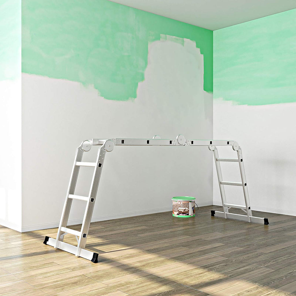 Multifunctionele ladder – aluminium – met 2 metalen platen – vouwbaar – 150 kg – zilver