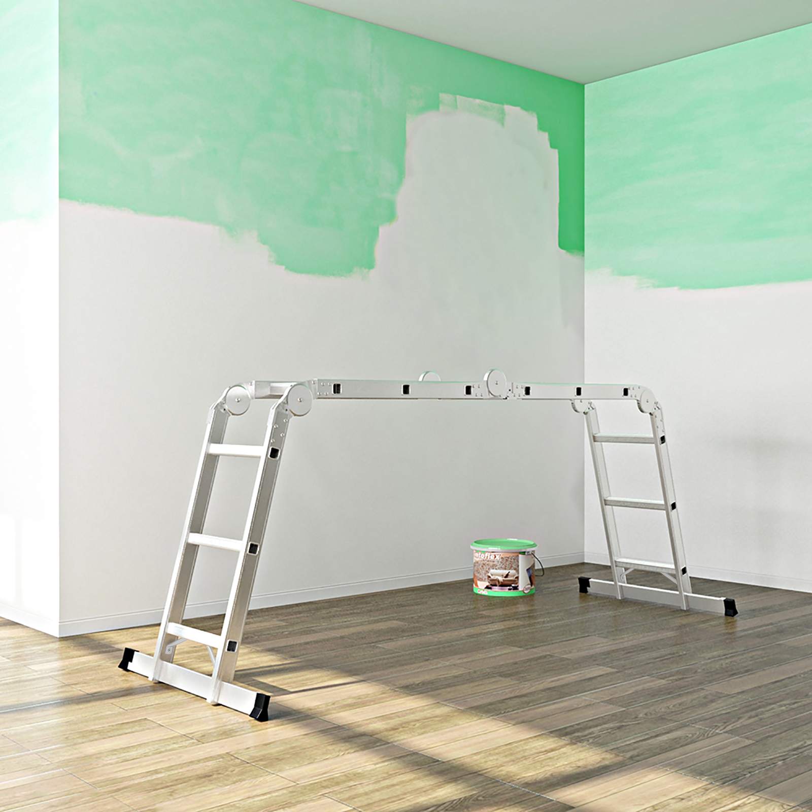 Multifunctionele ladder – aluminium – met 2 metalen platen – vouwbaar – 150 kg – zilver