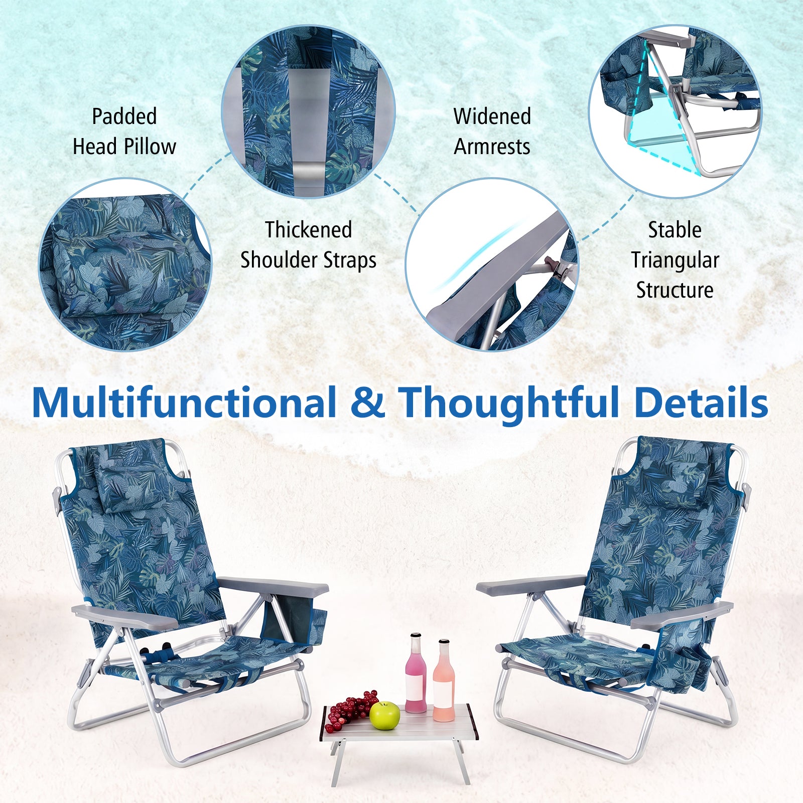 st – Beach Chair och Bord Set Outdoor Solstolar med Roll Up Camping Blad – 3 – Blå