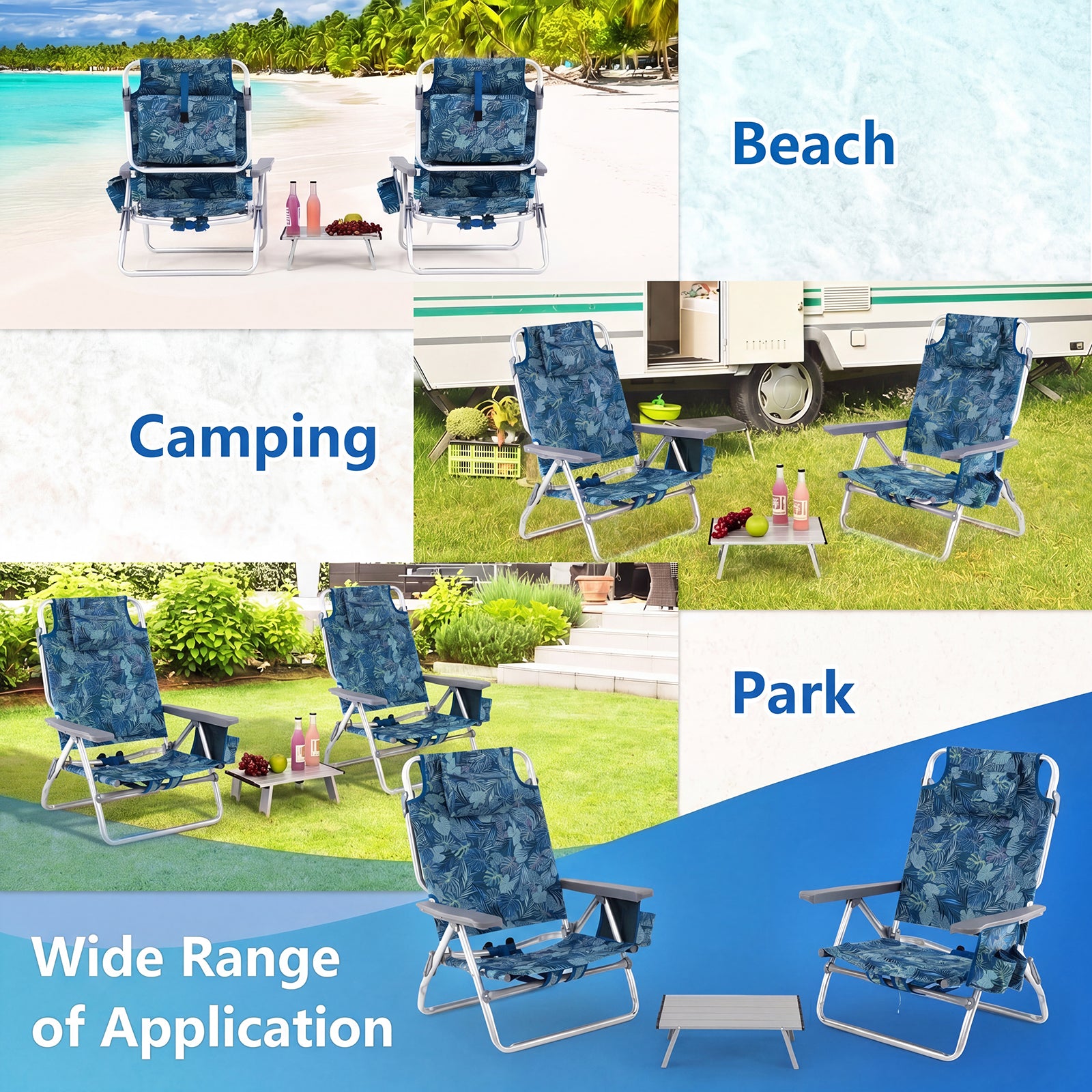 st – Beach Chair och Bord Set Outdoor Solstolar med Roll Up Camping Blad – 3 – Blå