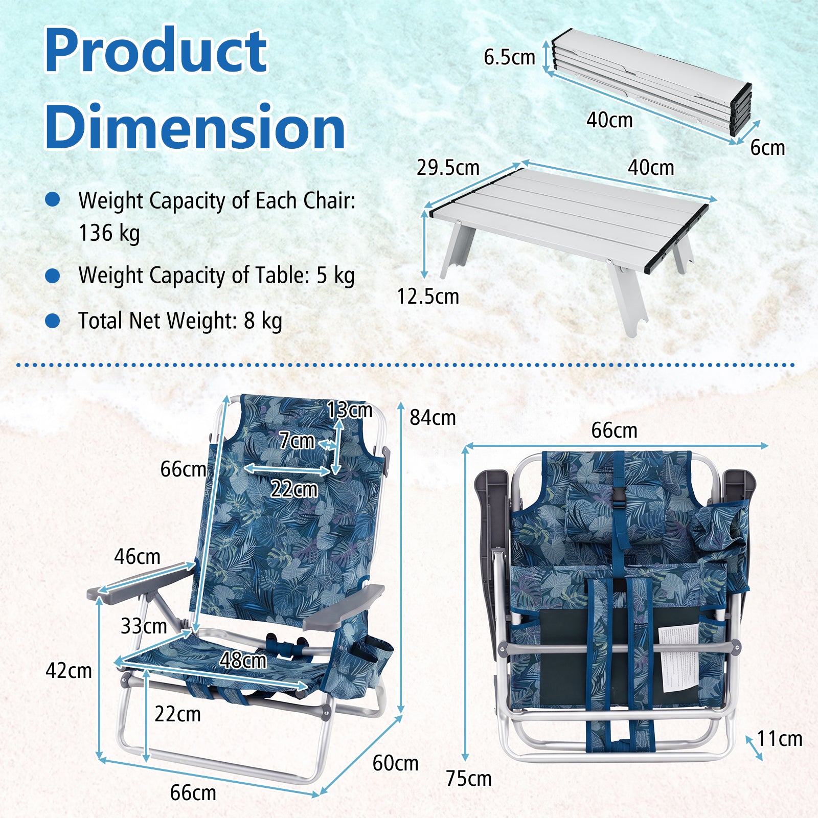 st – Beach Chair och Bord Set Outdoor Solstolar med Roll Up Camping Blad – 3 – Blå
