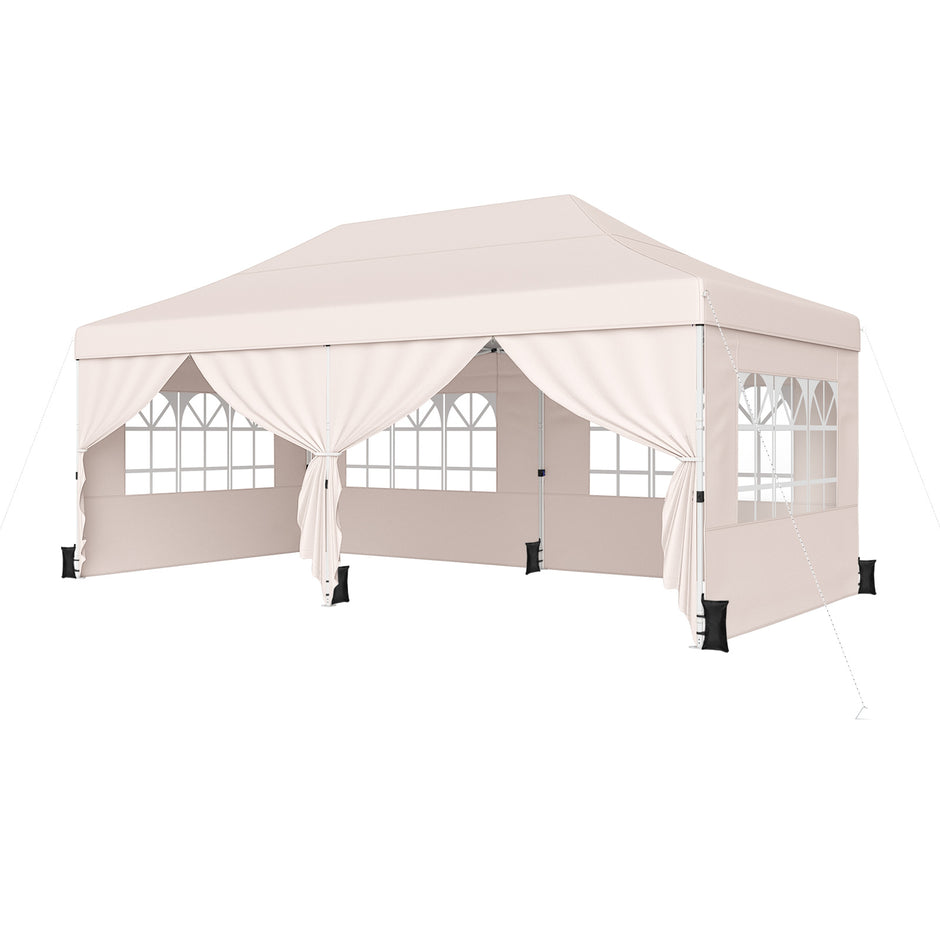 Hopfällbar – paviljong med fyra sidoväggar höjdläsbar pop up – 3 x 6 m – Beige