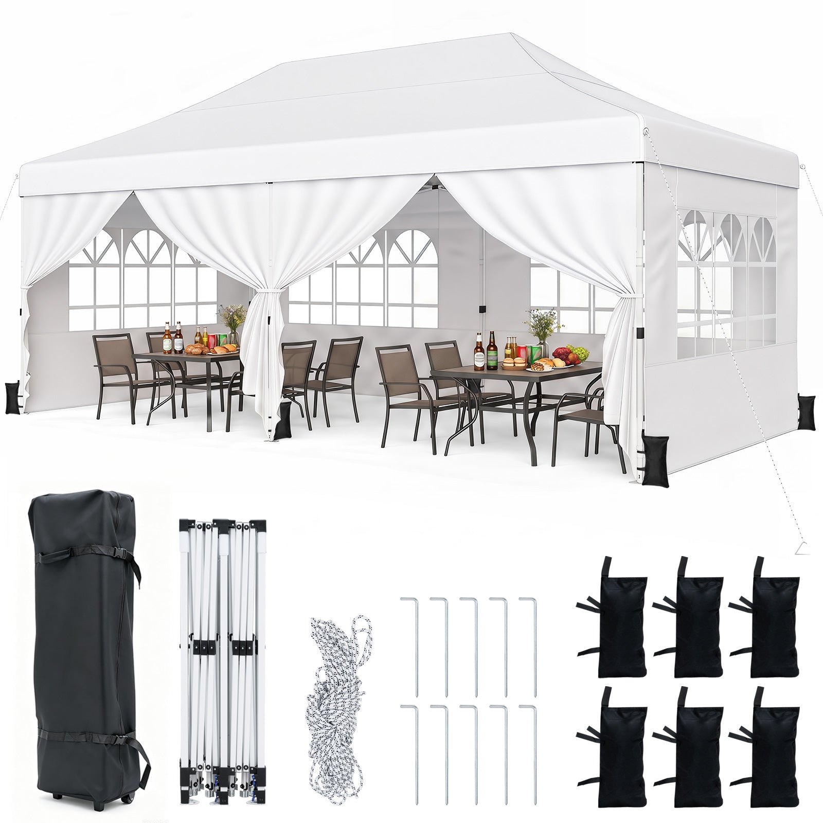 Hopfällbar – paviljong med fyra sidoväggar höjdläsbar pop up – 3 x 6 m – Vit