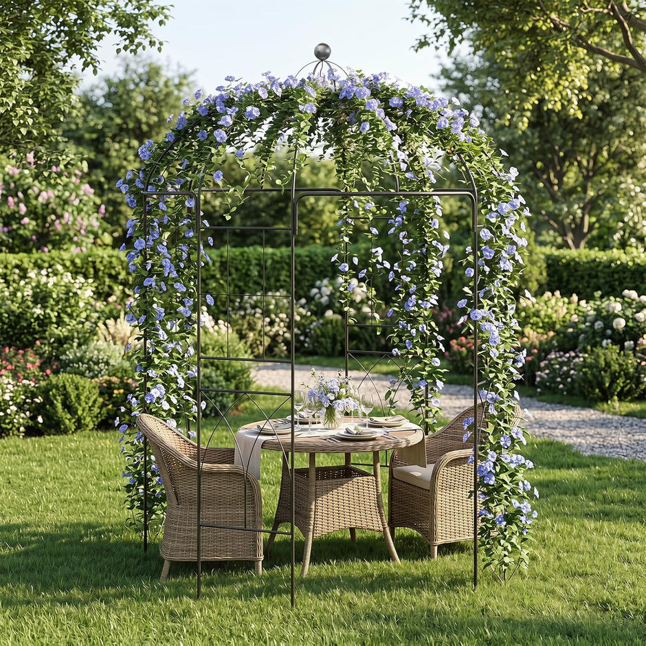 Metallrosenbåge – Rankpaviljong i fågelbur form trädgårdsbåge med markankare rankgaller – 4 203 x 203 x 296 cm – Svart