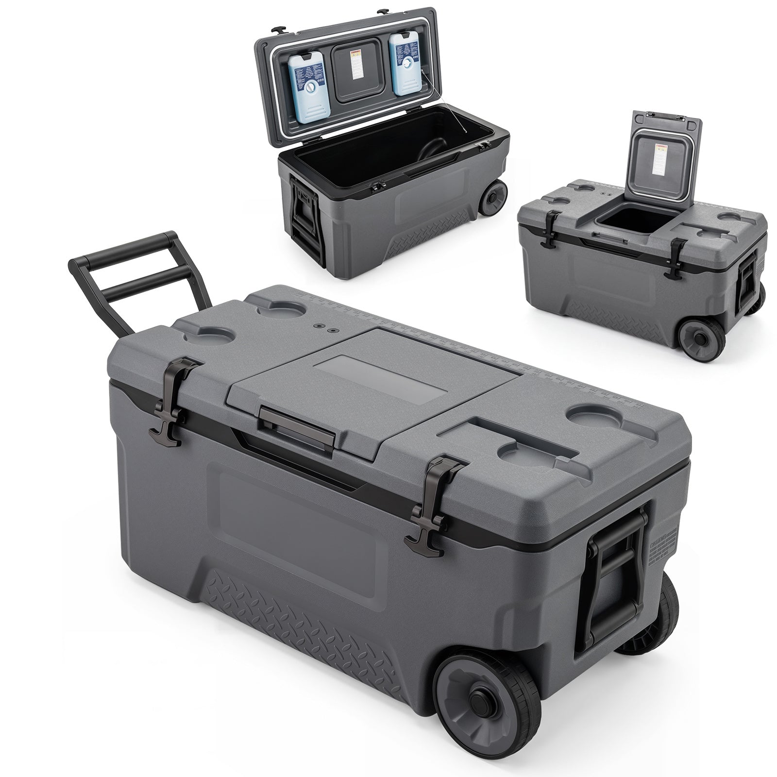 Kylbox – Stor thermobox i plast med hjul och handtag avloppspropp dryckeshållare – 70 l – Grå