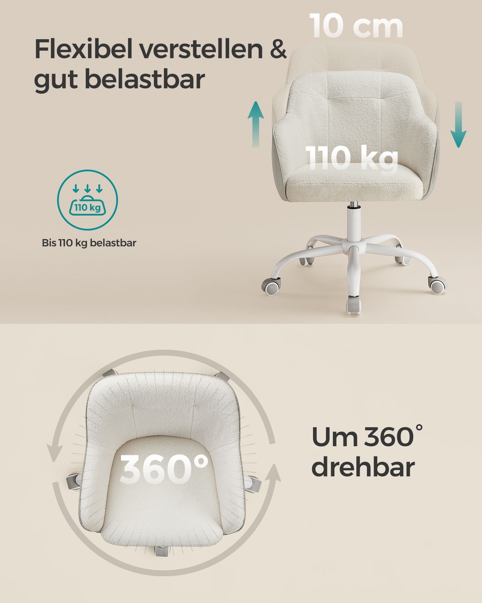 Bureaustoel – draagvermogen 110 kg – fluweel – cappuccinobeige