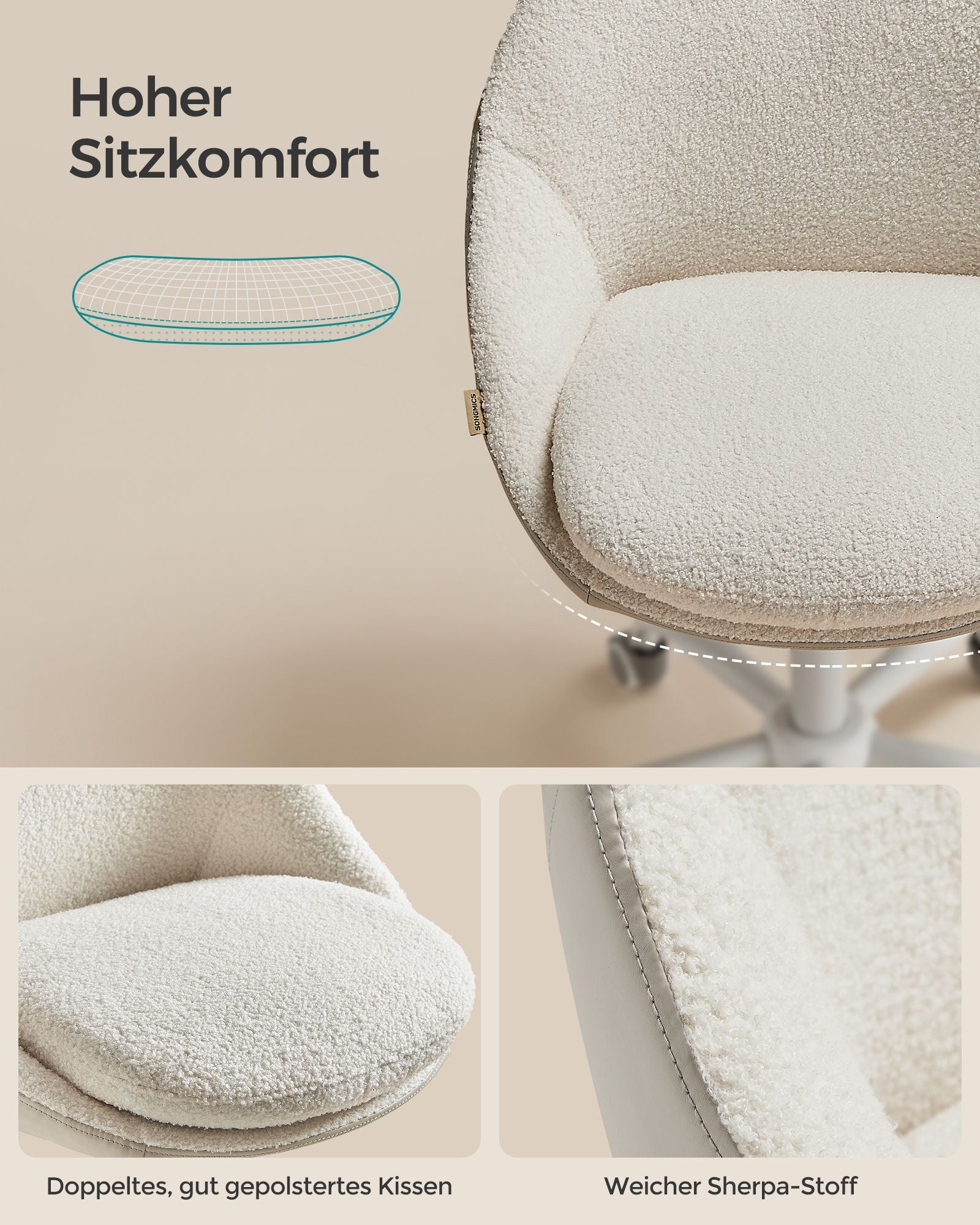 Bureaustoel Van Fluweel, In Hoogte Verstelbaar Cappuccino Beige-Wolkenwit