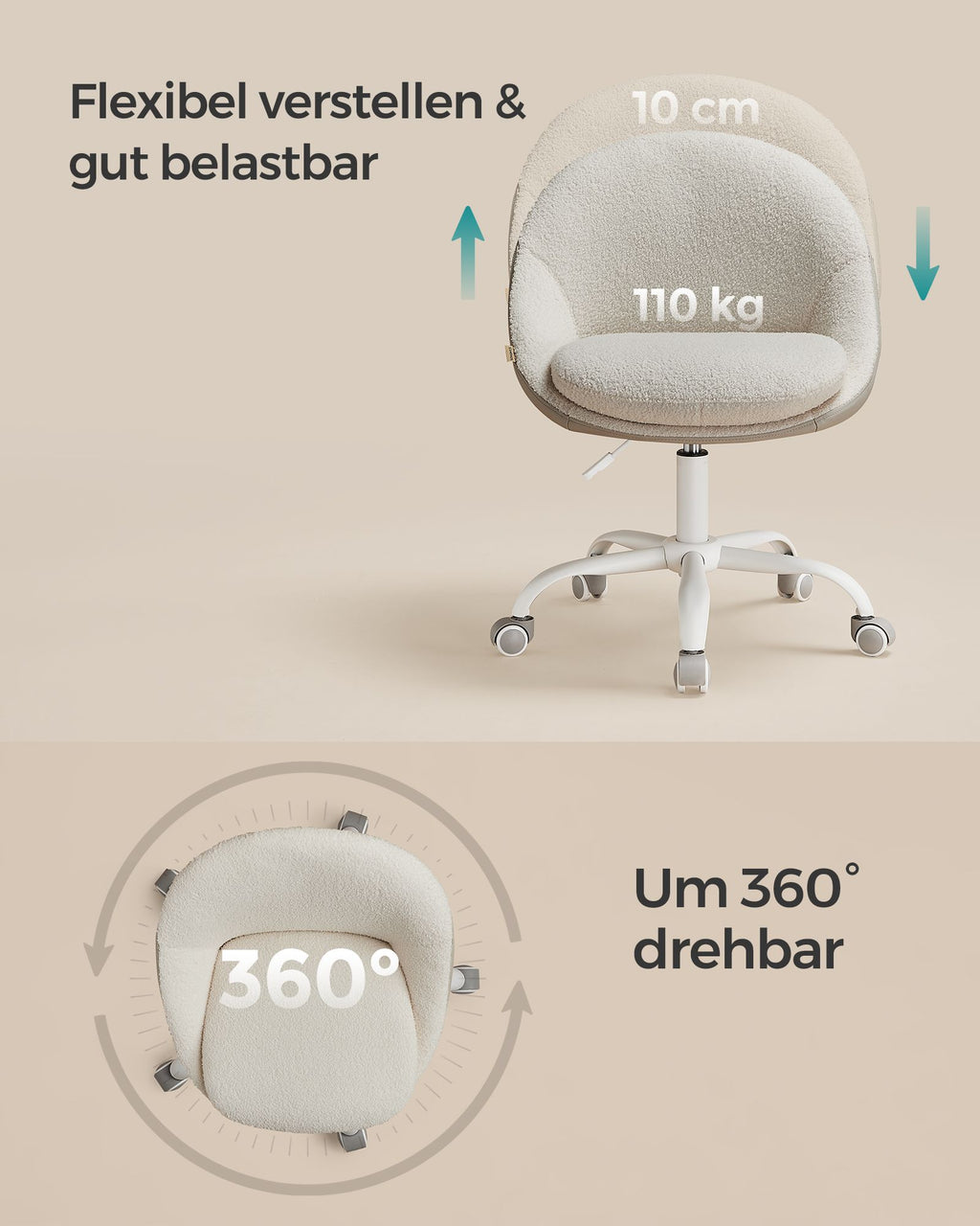 Bureaustoel Van Fluweel, In Hoogte Verstelbaar Cappuccino Beige-Wolkenwit