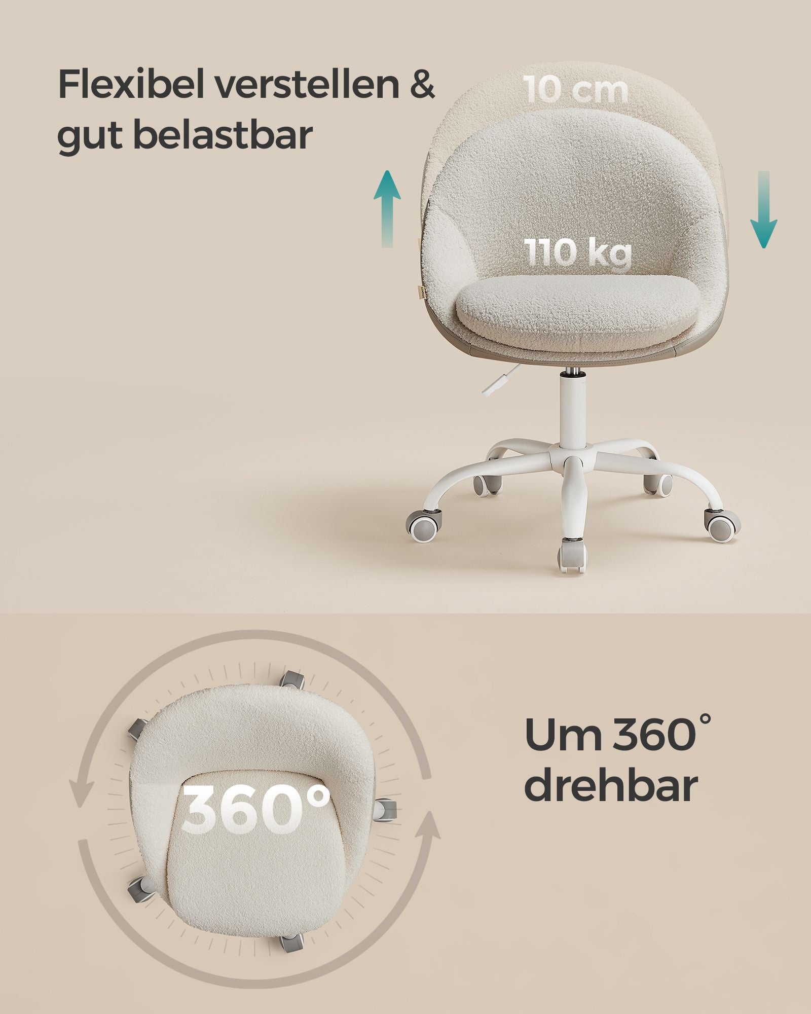Bureaustoel Van Fluweel, In Hoogte Verstelbaar Cappuccino Beige-Wolkenwit