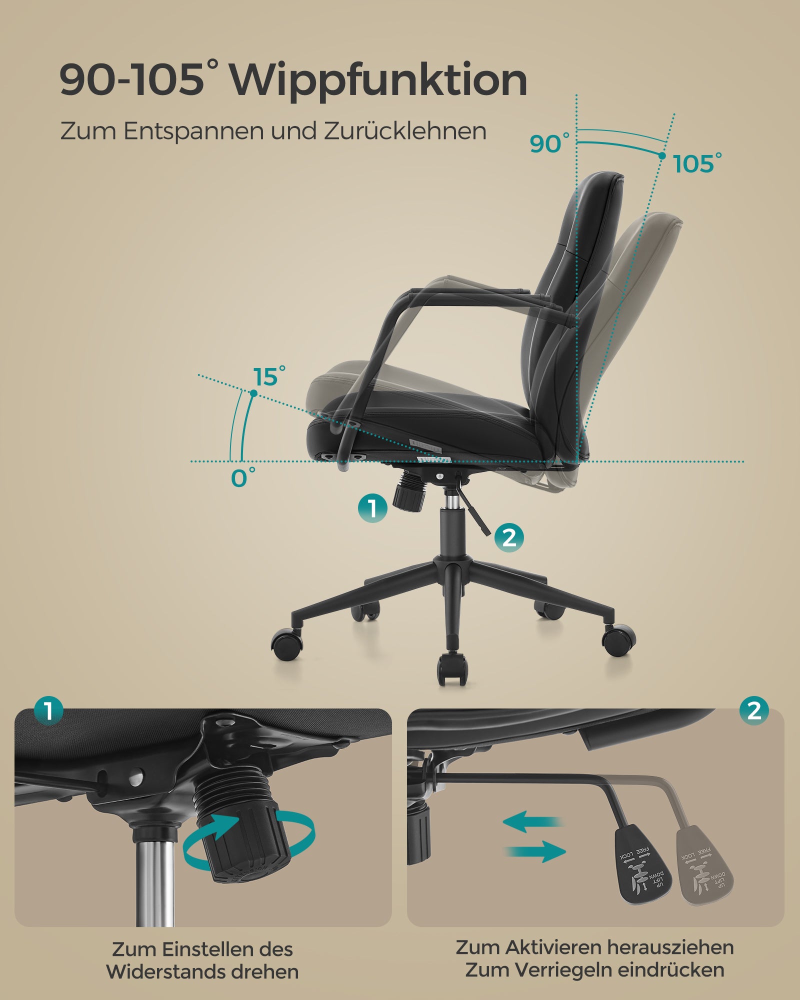 Ergonomische Bureaustoel – Inktzwart – 360° draaifunctie – Max. 150 kg