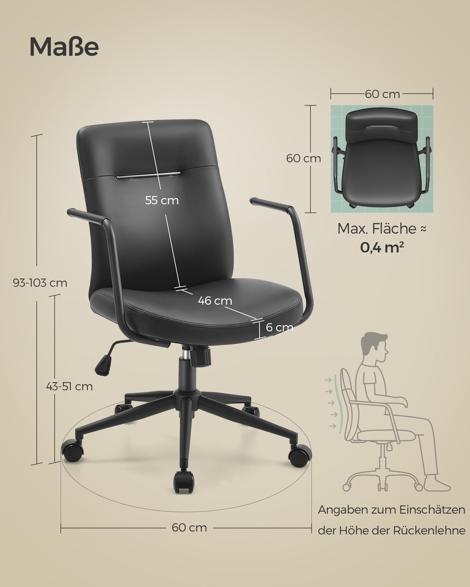 Ergonomische Bureaustoel – Inktzwart – 360° draaifunctie – Max. 150 kg