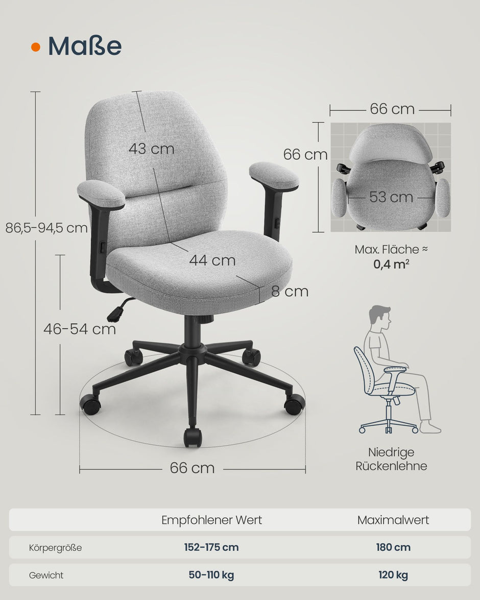 Bureaustoel – Verstelbare Armleuningen – Duifgrijs
