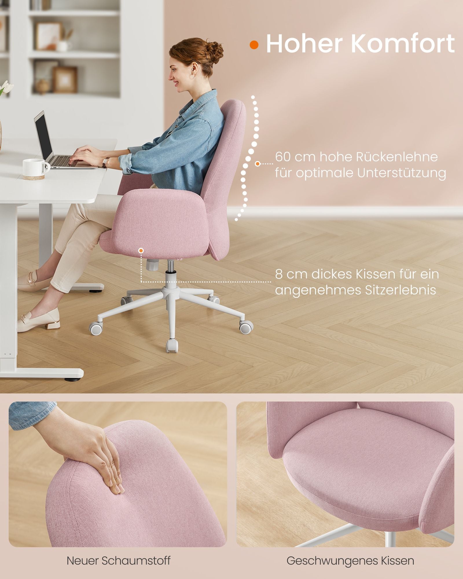 Ergonomische Bureaustoel – Pastelroze - Met armleuningen – tot 150 kg belastbaar