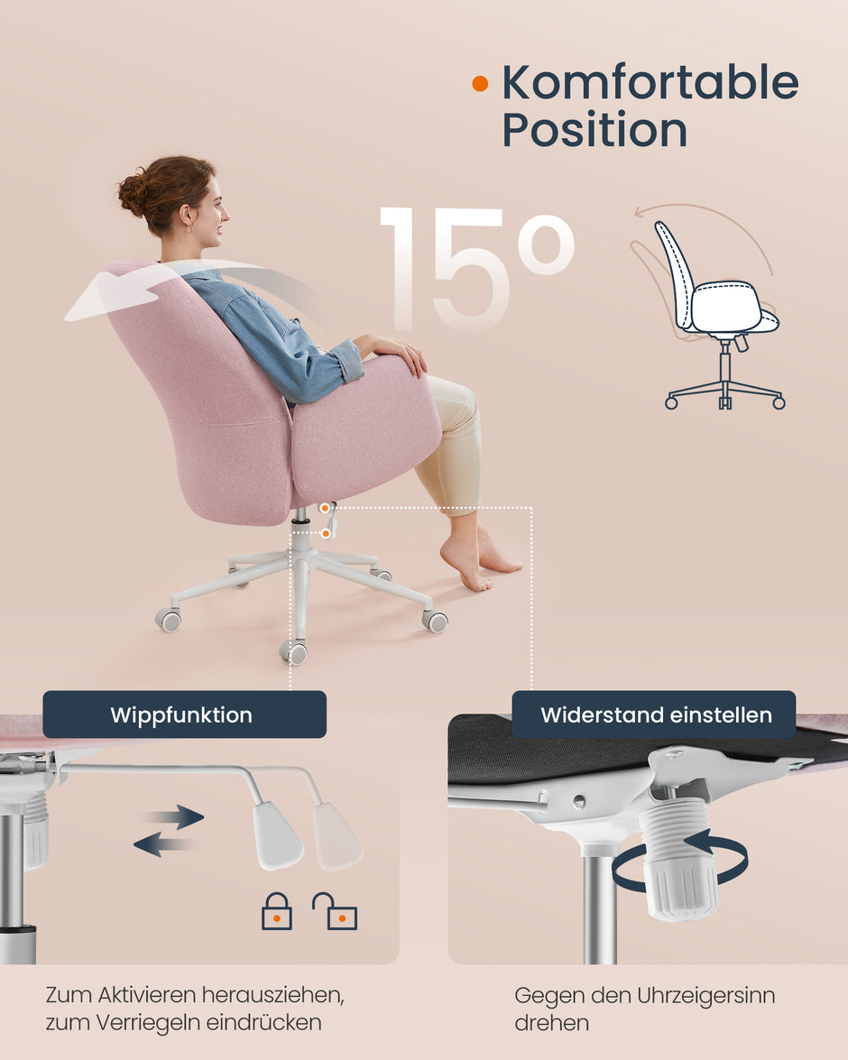 Ergonomische Bureaustoel – Pastelroze - Met armleuningen – tot 150 kg belastbaar