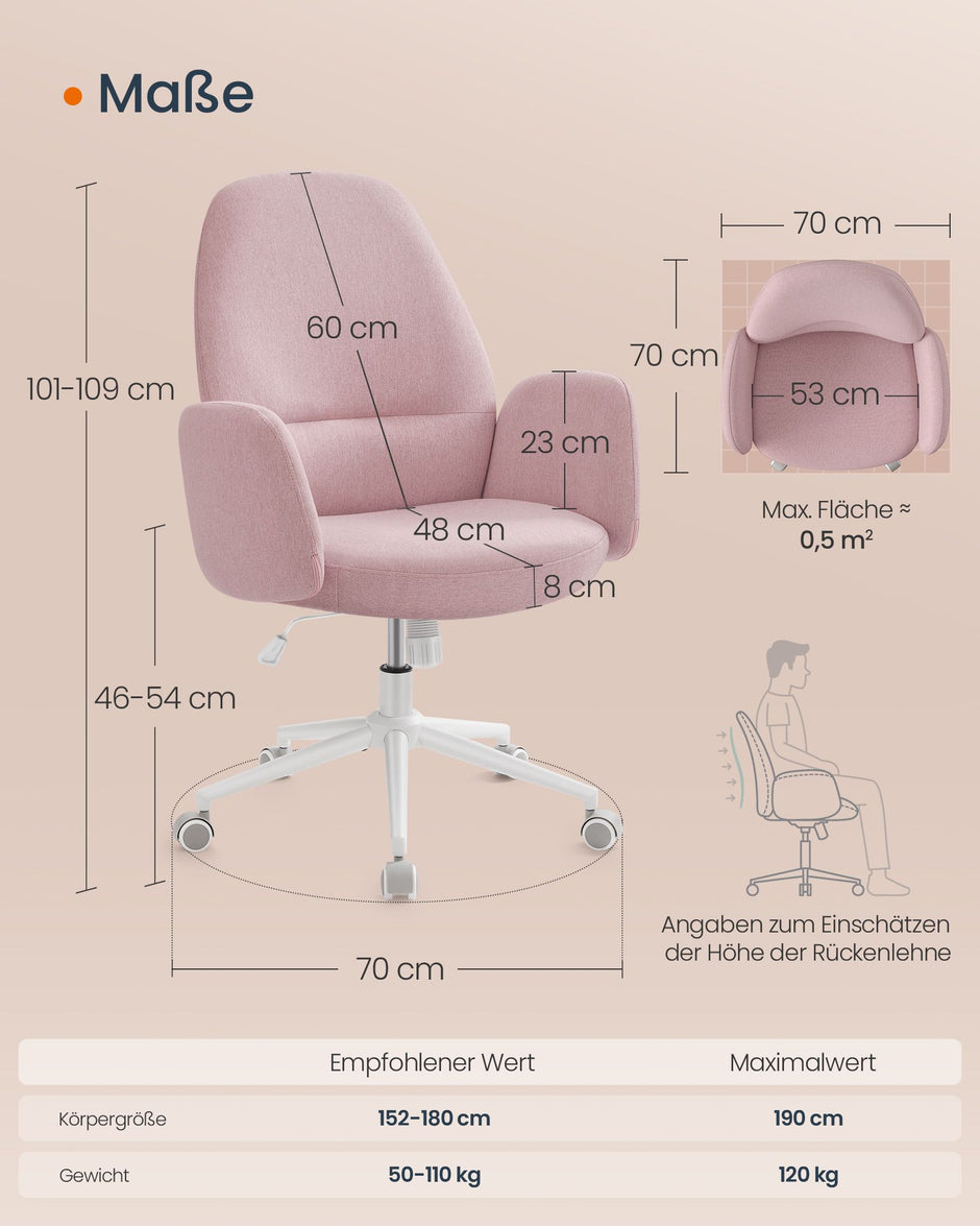 Ergonomische Bureaustoel – Pastelroze - Met armleuningen – tot 150 kg belastbaar