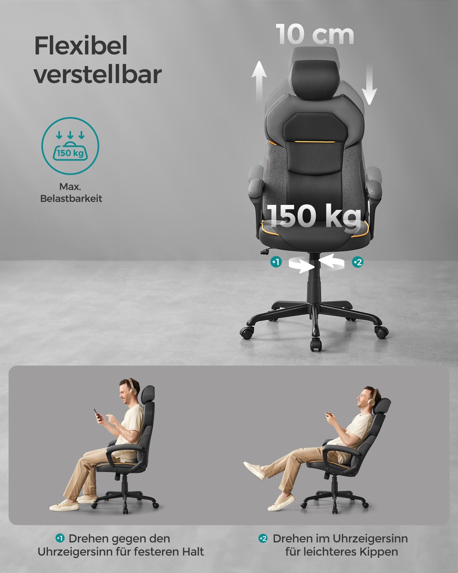 Bureaustoel – Met verstelbare hoofdsteun – Ergonomische rugleuning – Tot 150 kg belastbaar