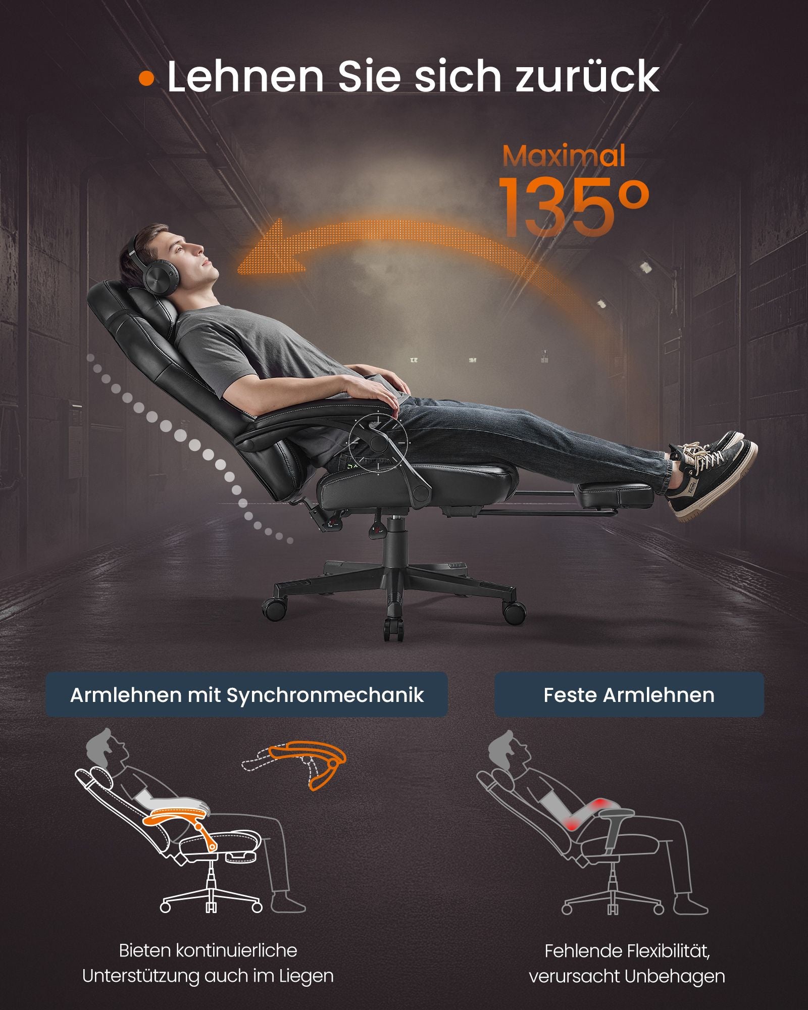 Ergonomische Bureaustoel – Verstelbare rugleuning (90° tot 135°) – Met voetsteun