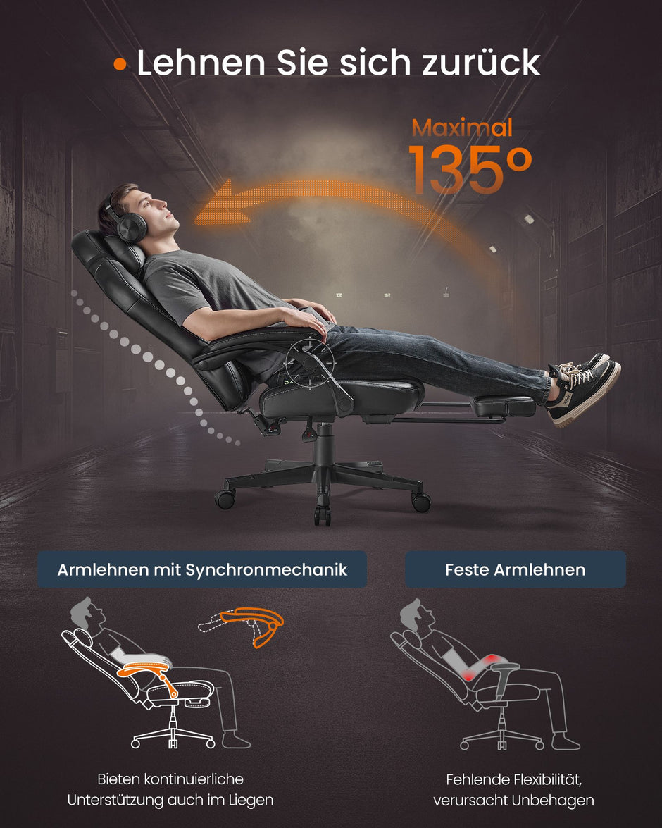 Ergonomische Bureaustoel – Verstelbare rugleuning (90° tot 135°) – Met voetsteun