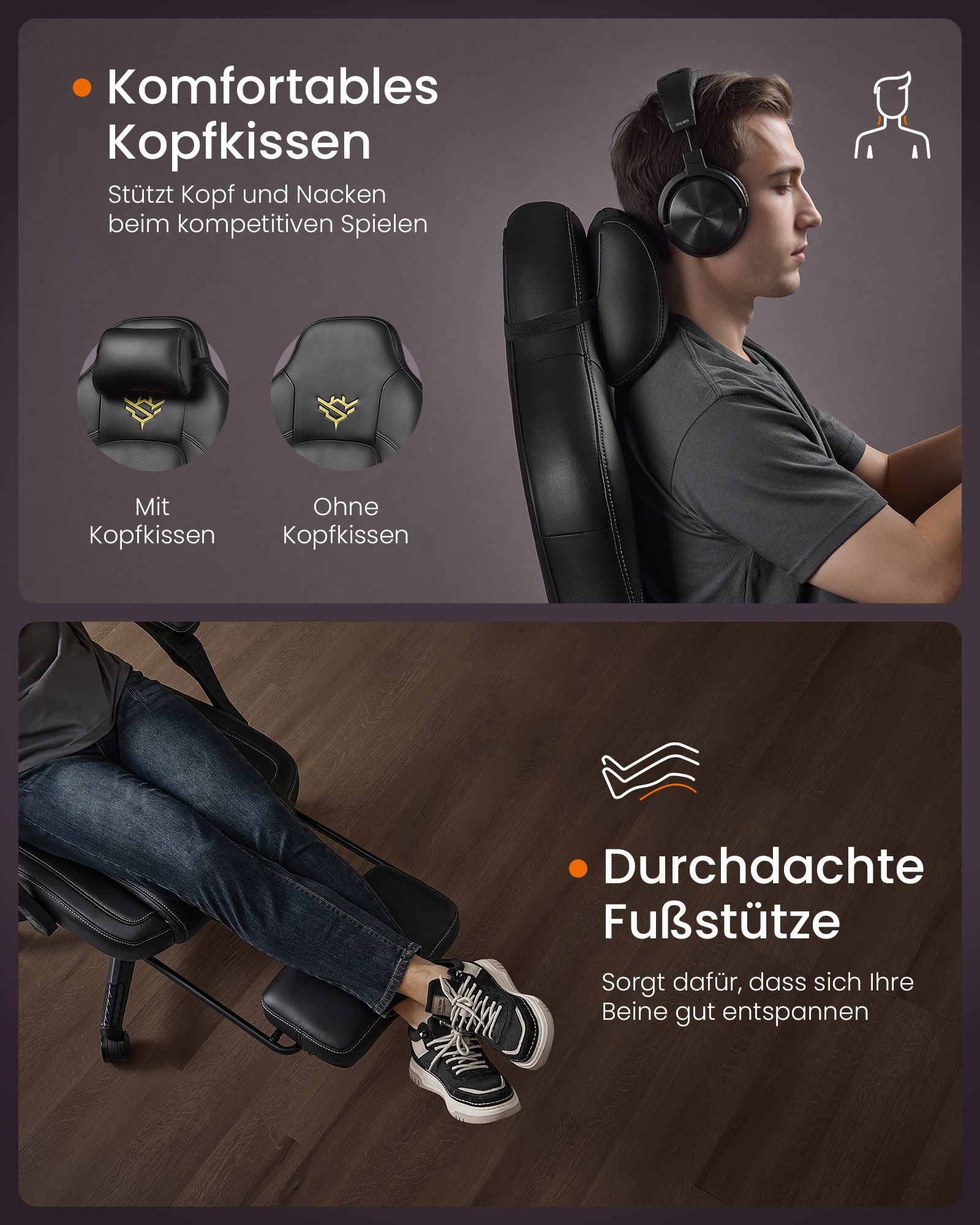 Ergonomische Bureaustoel – Verstelbare rugleuning (90° tot 135°) – Met voetsteun