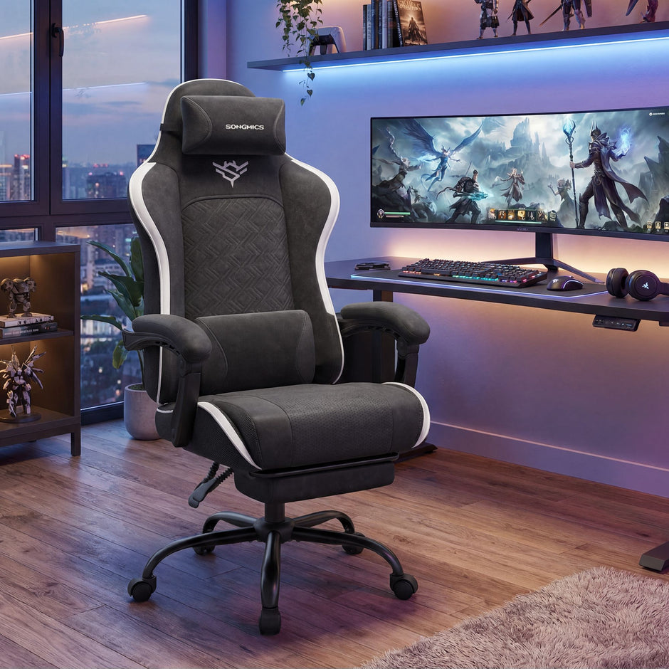 Gamingstoel – Ergonomisch – Pocketvering Zitkussen – Uitschuifbare Voetensteun – Tot 150 kg – Zwart en Wit