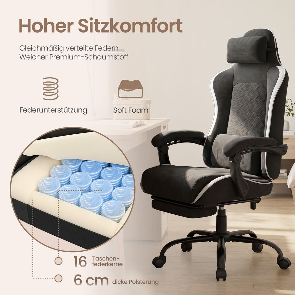 Gamingstoel – Ergonomisch – Pocketvering Zitkussen – Uitschuifbare Voetensteun – Tot 150 kg – Zwart