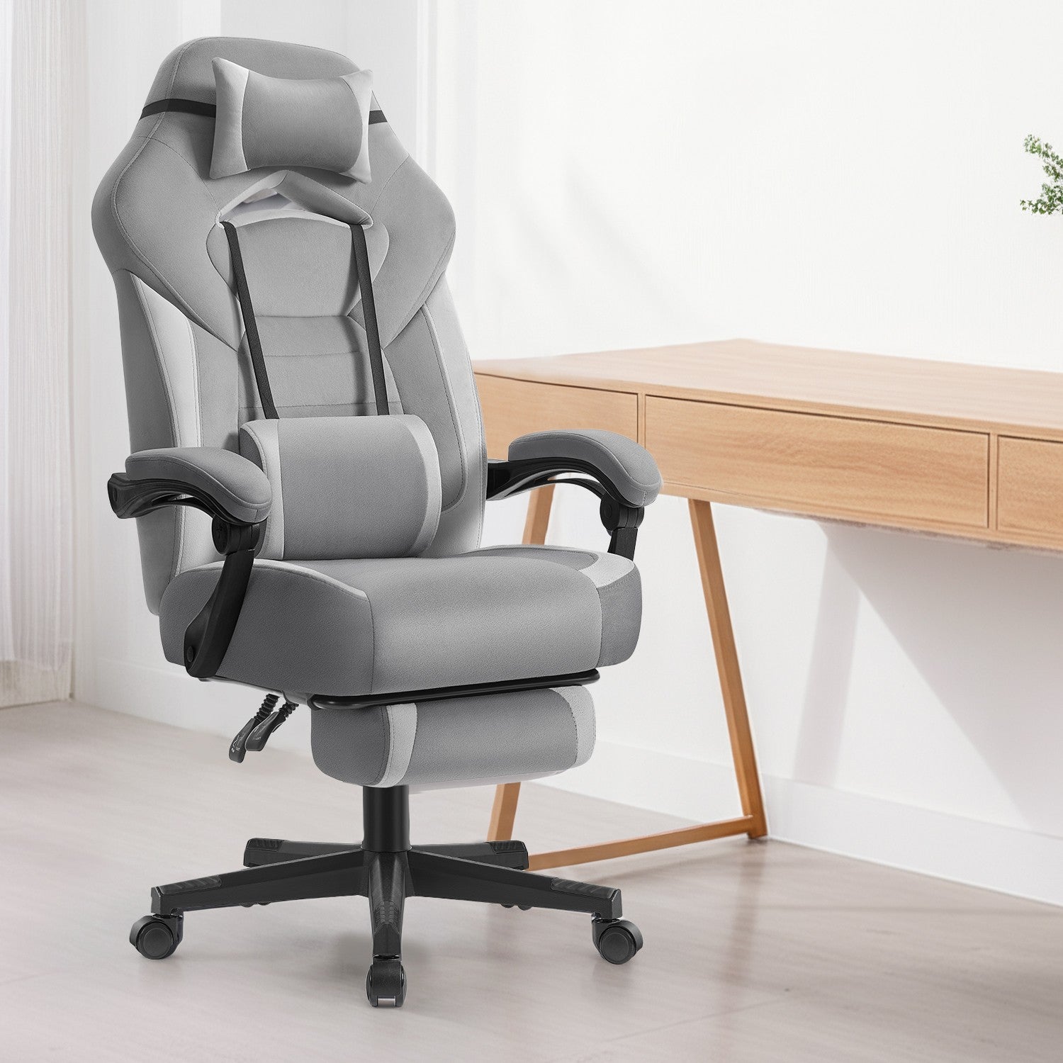 Gamingstoel - Ergonomisch - Met Voetensteun - Verstelbare Hoofdsteun - Grijs