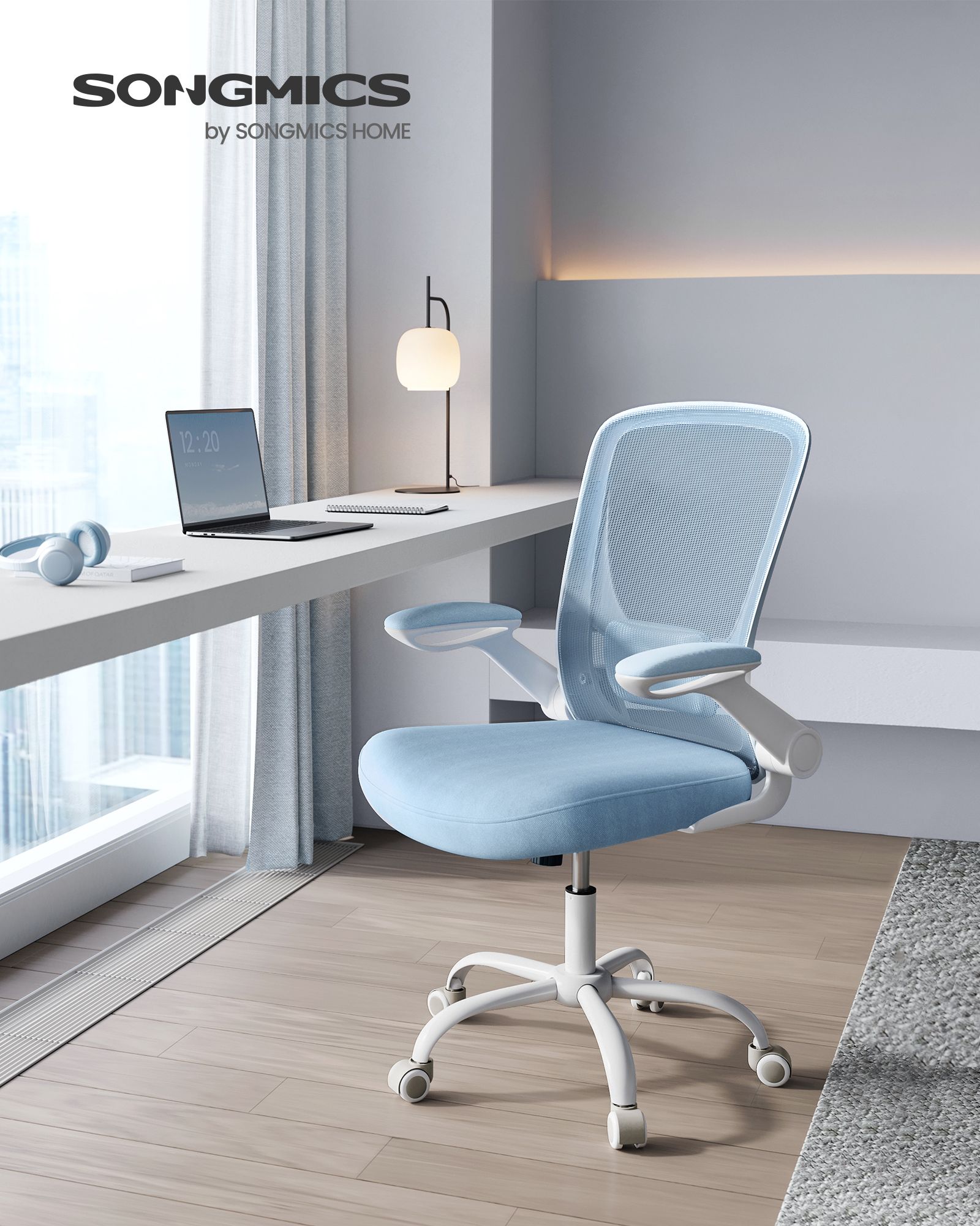 Bureaustoel – ergonomisch – met opklapbare armleuningen – mistblauw
